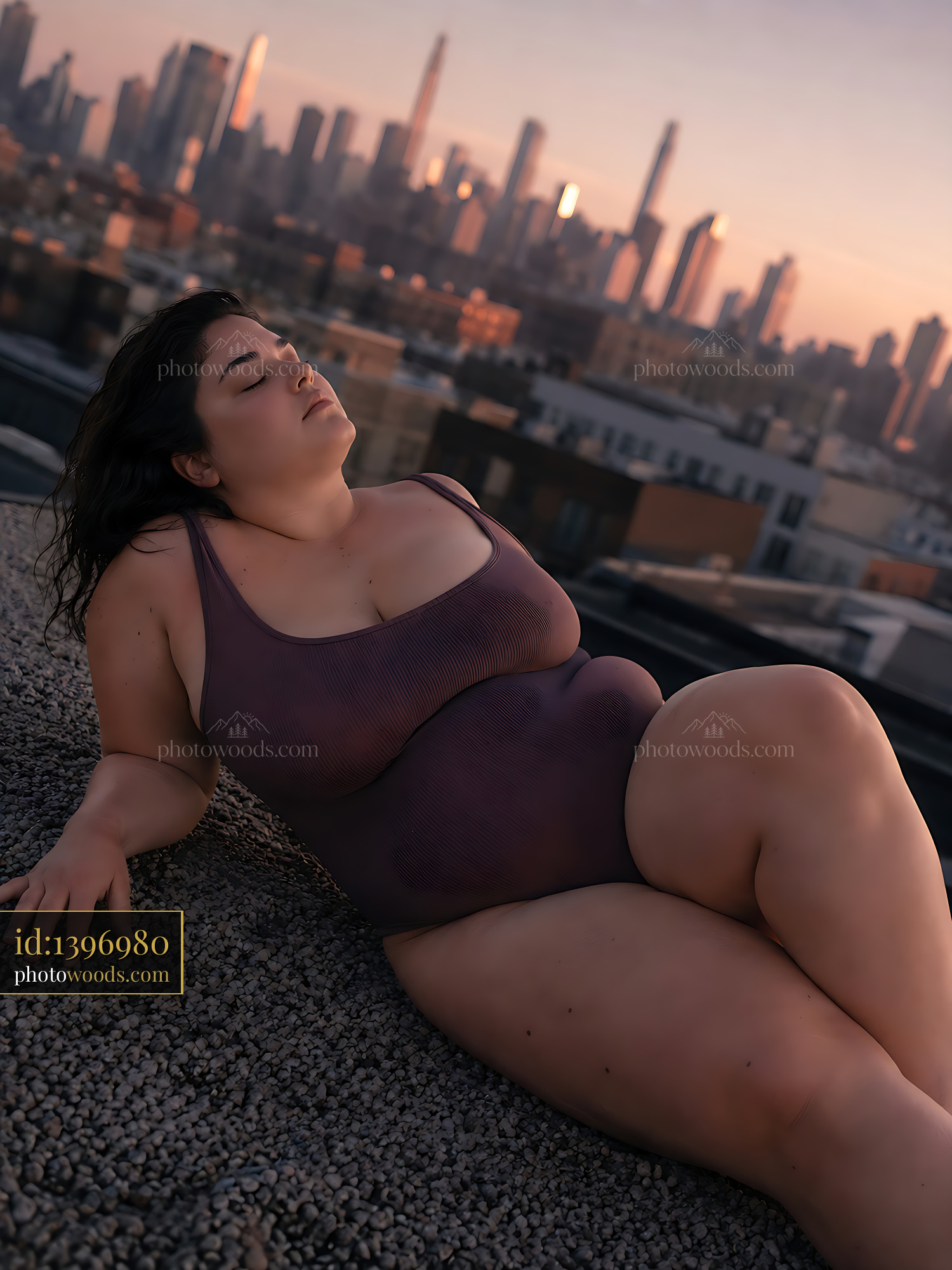 Woman Relaxes on Rooftop With City Skyline at Sunset