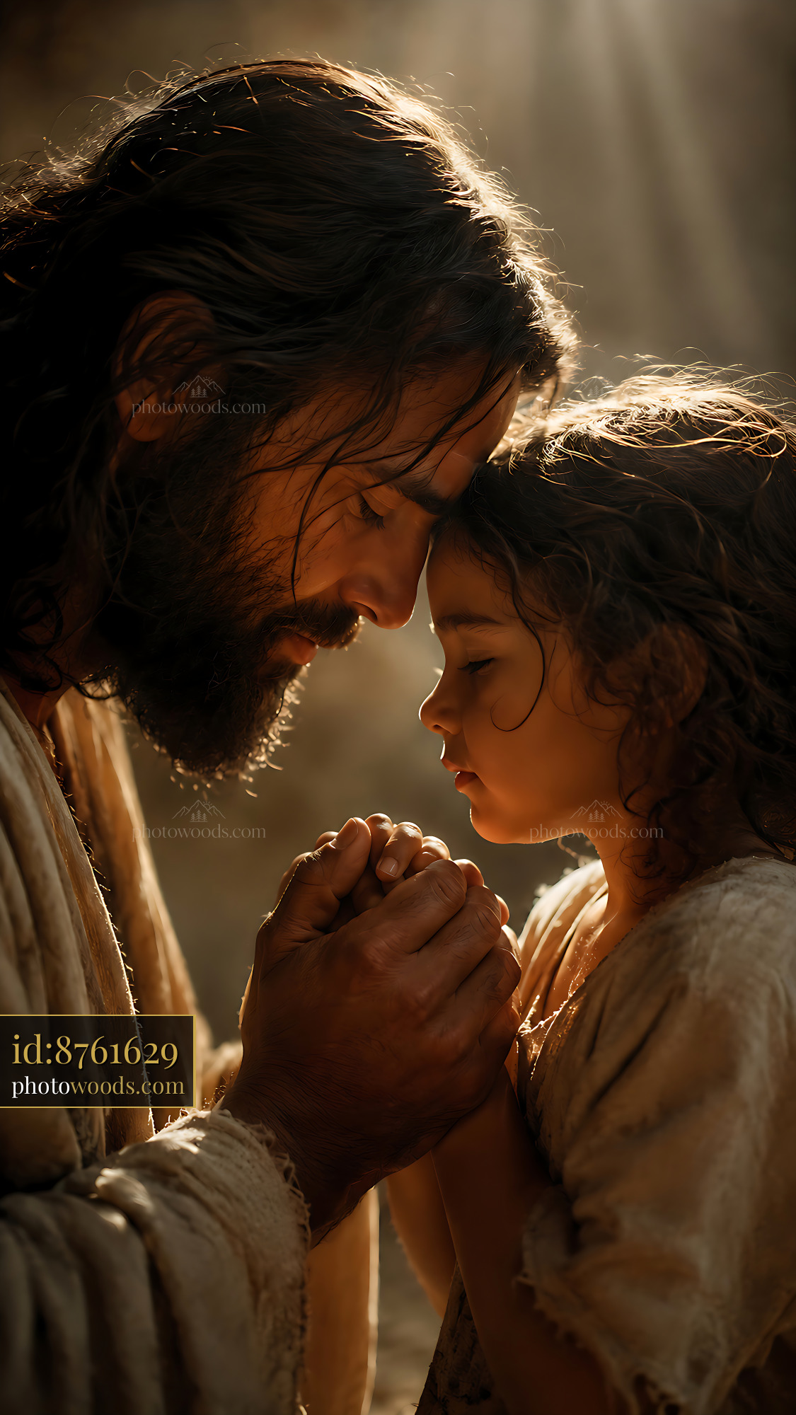 Man and Child Holding Hands in Warm Light During Prayer