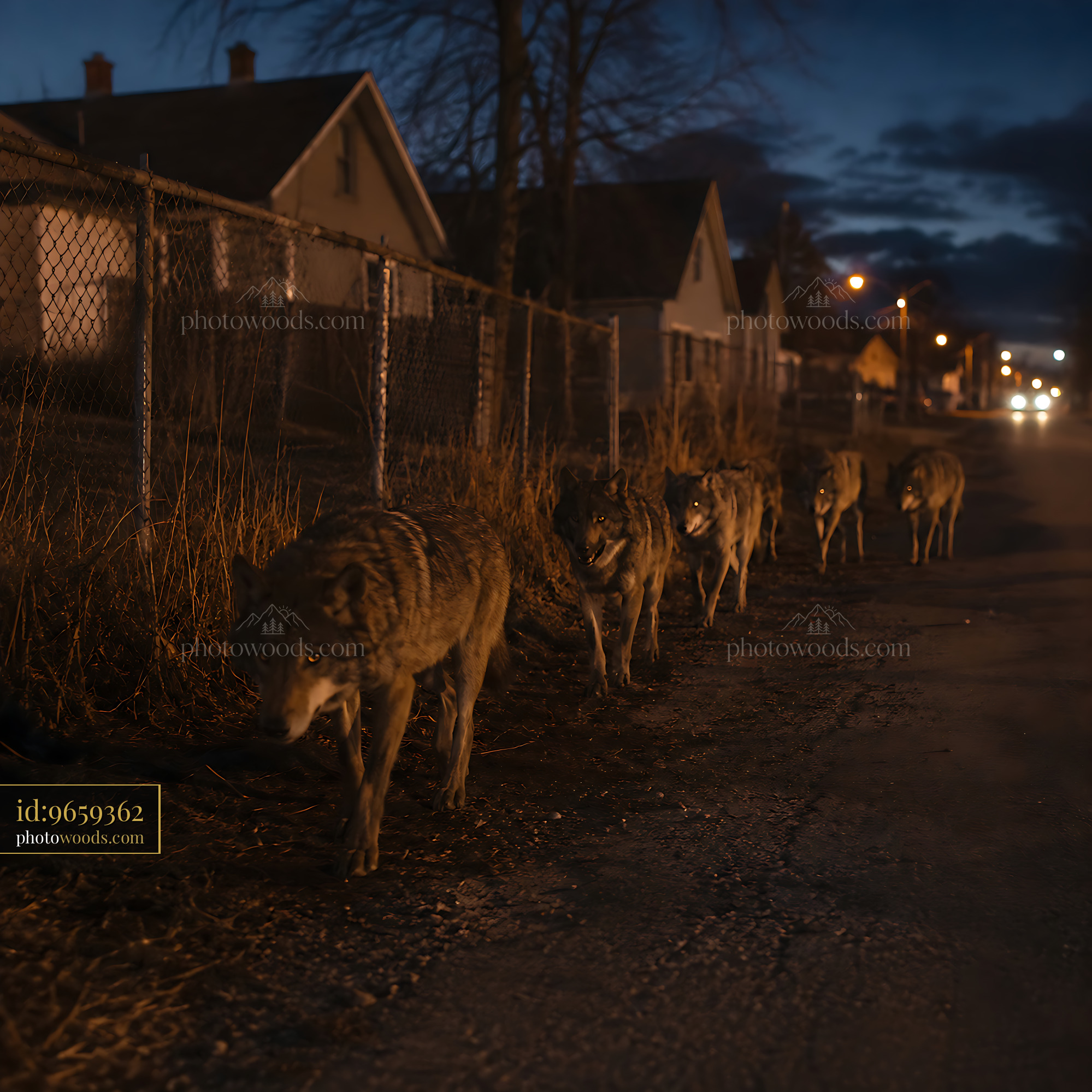 Wolves Walking Along a Street With Houses at Night