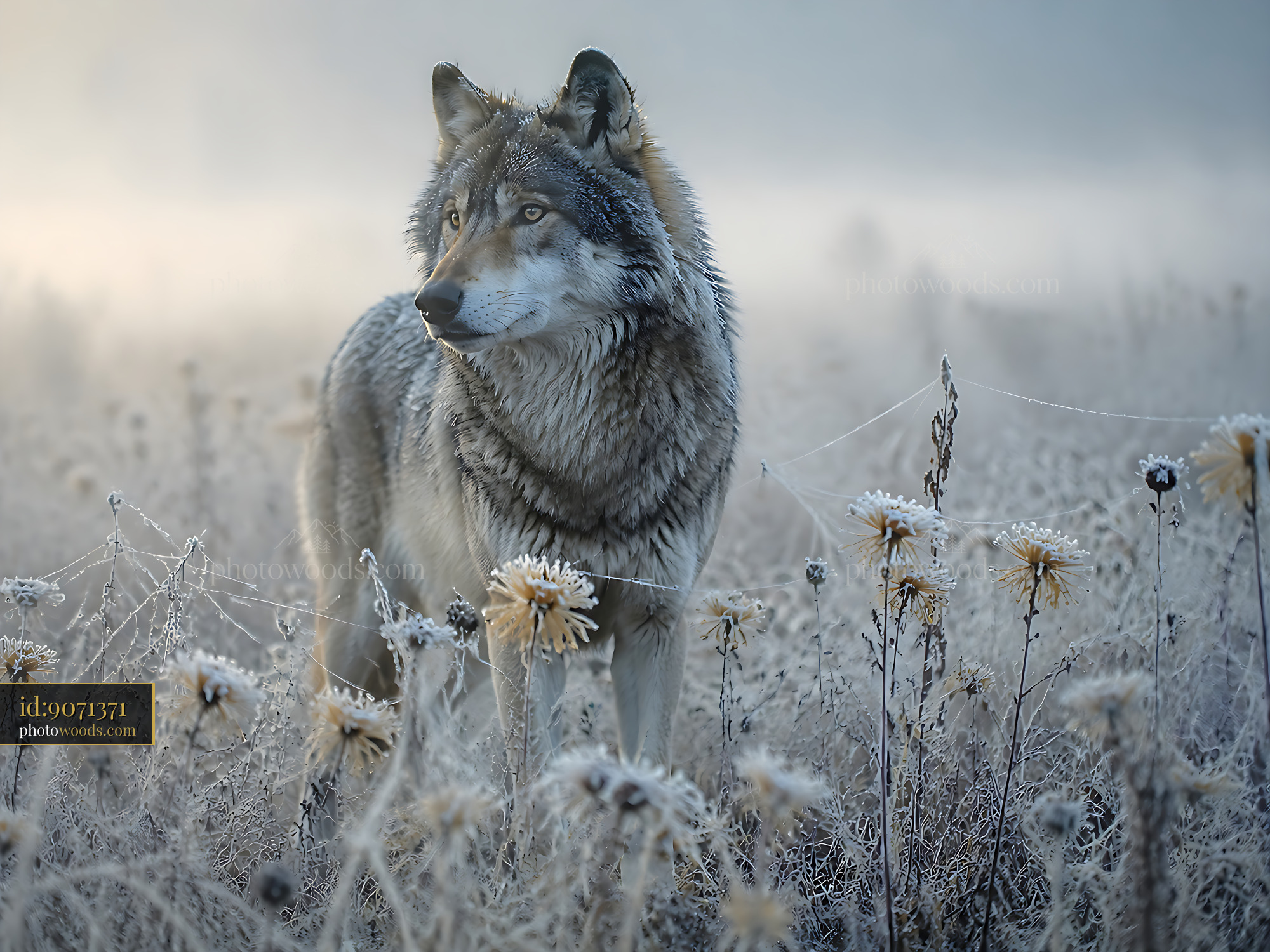 Wolf Standing in a Frosty Field With Flowers and Mist Rising