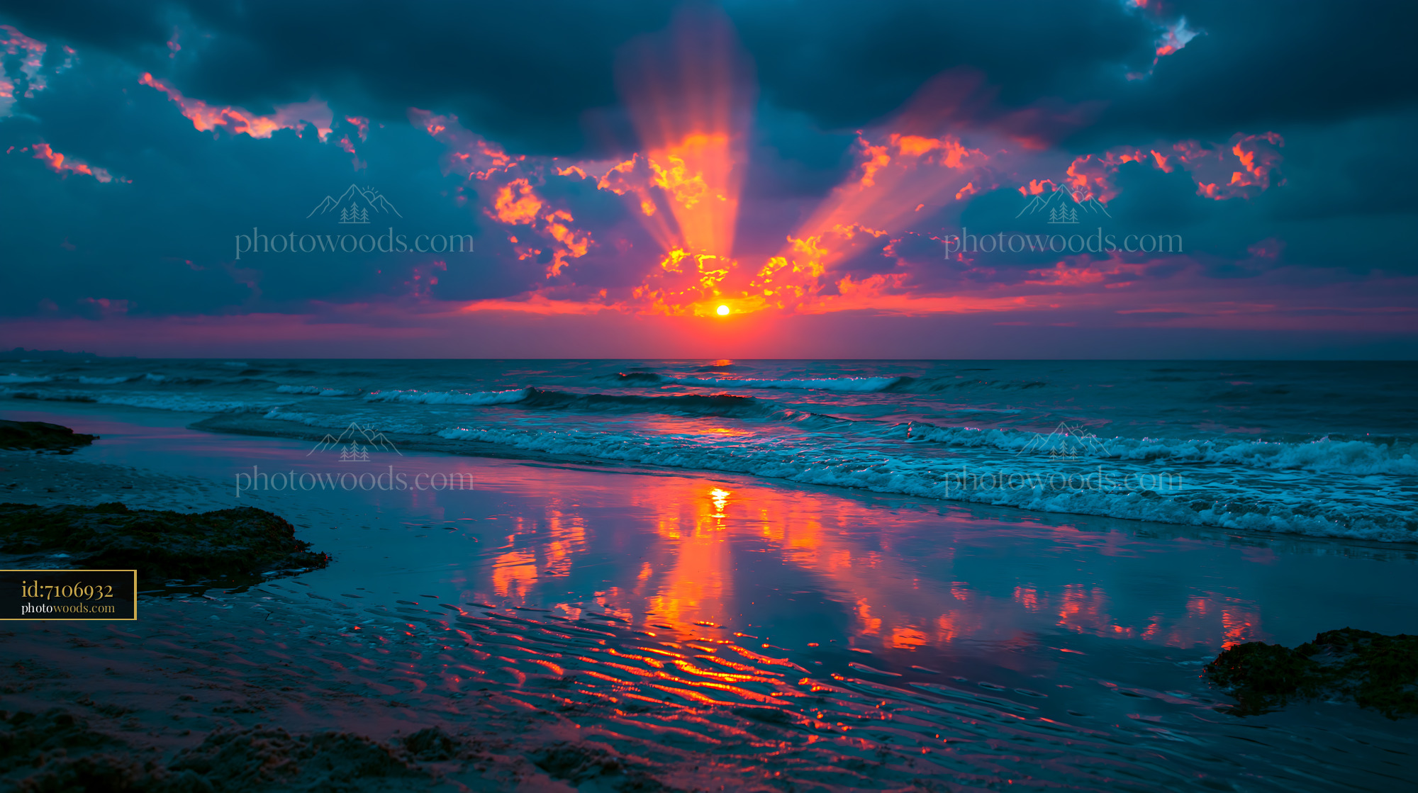 Sunset Over Tidal Flat Beach With Colorful Sky
