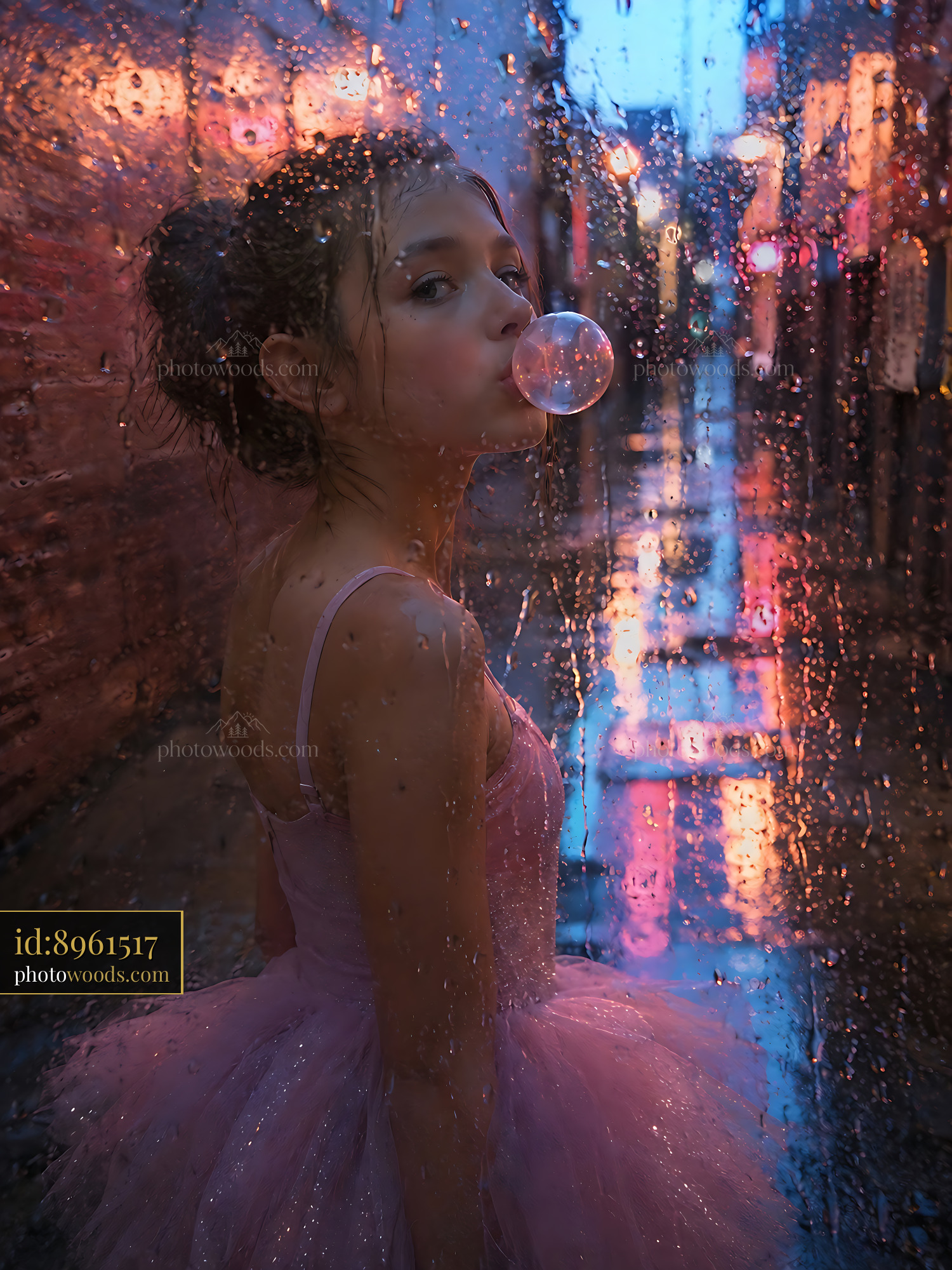 Girl in Pink Dress Blowing Bubble Gum in Rainy Alley
