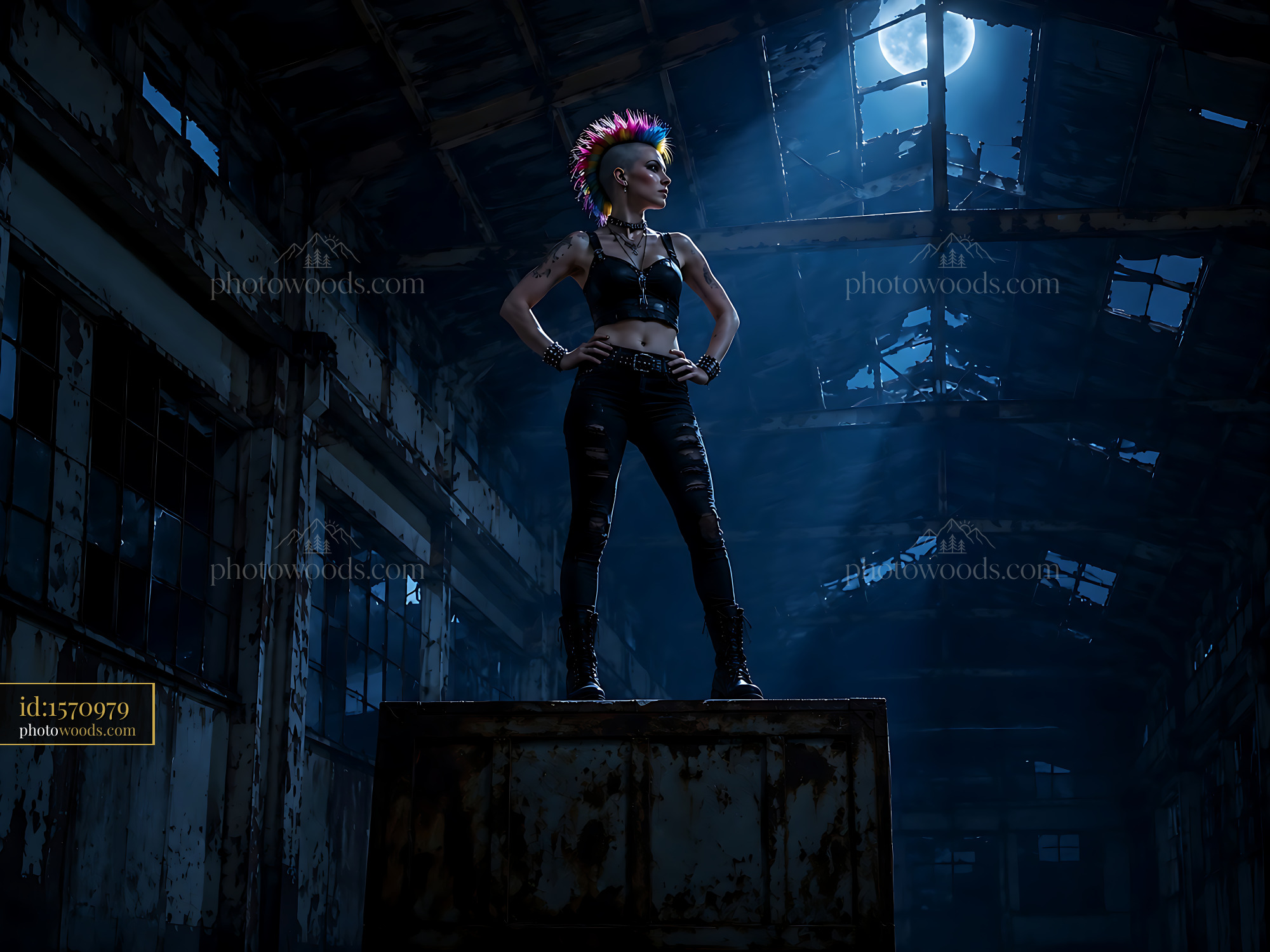 Woman With Mohawk Hairstyle Stands Confidently in Abandoned Warehouse