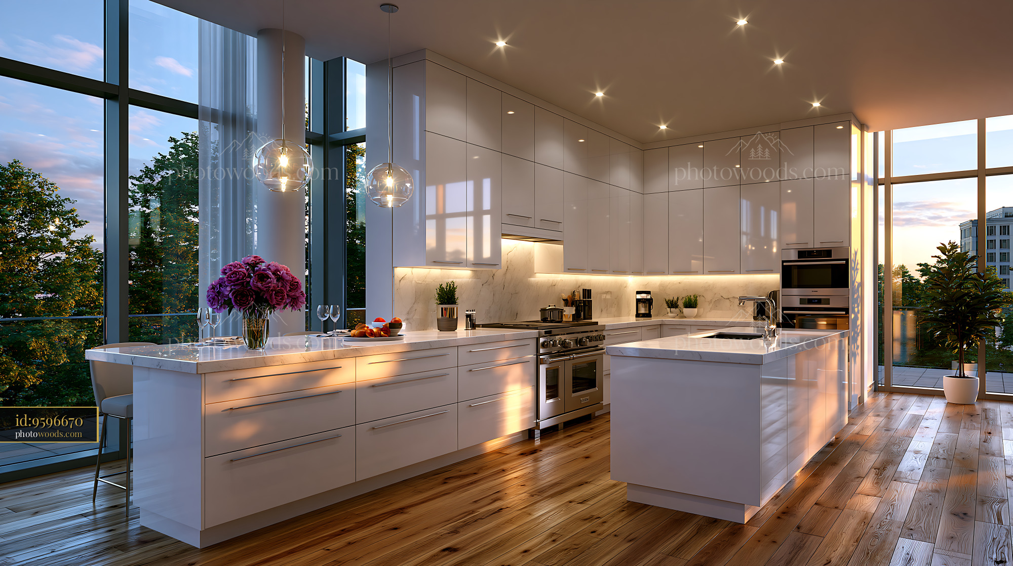 Modern Minimalist Kitchen Interior With Natural Light in Evening