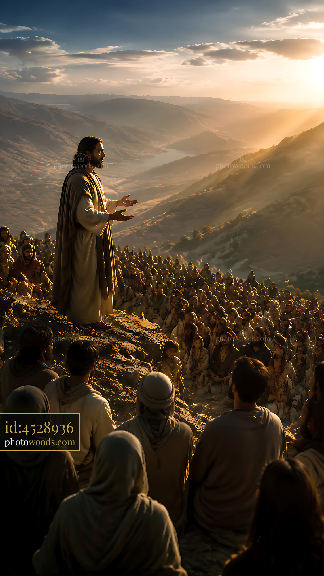 Jesus Teaching a Large Group of People on a Hillside During Sunset