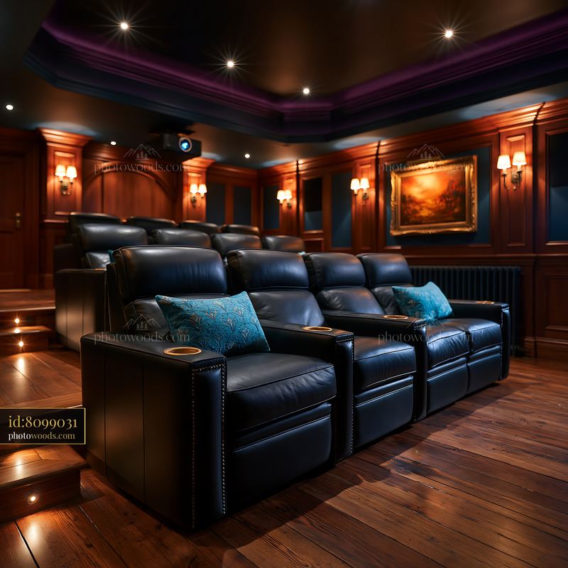 Private Underground Movie Theater With Tiered Seating and Dim Lights