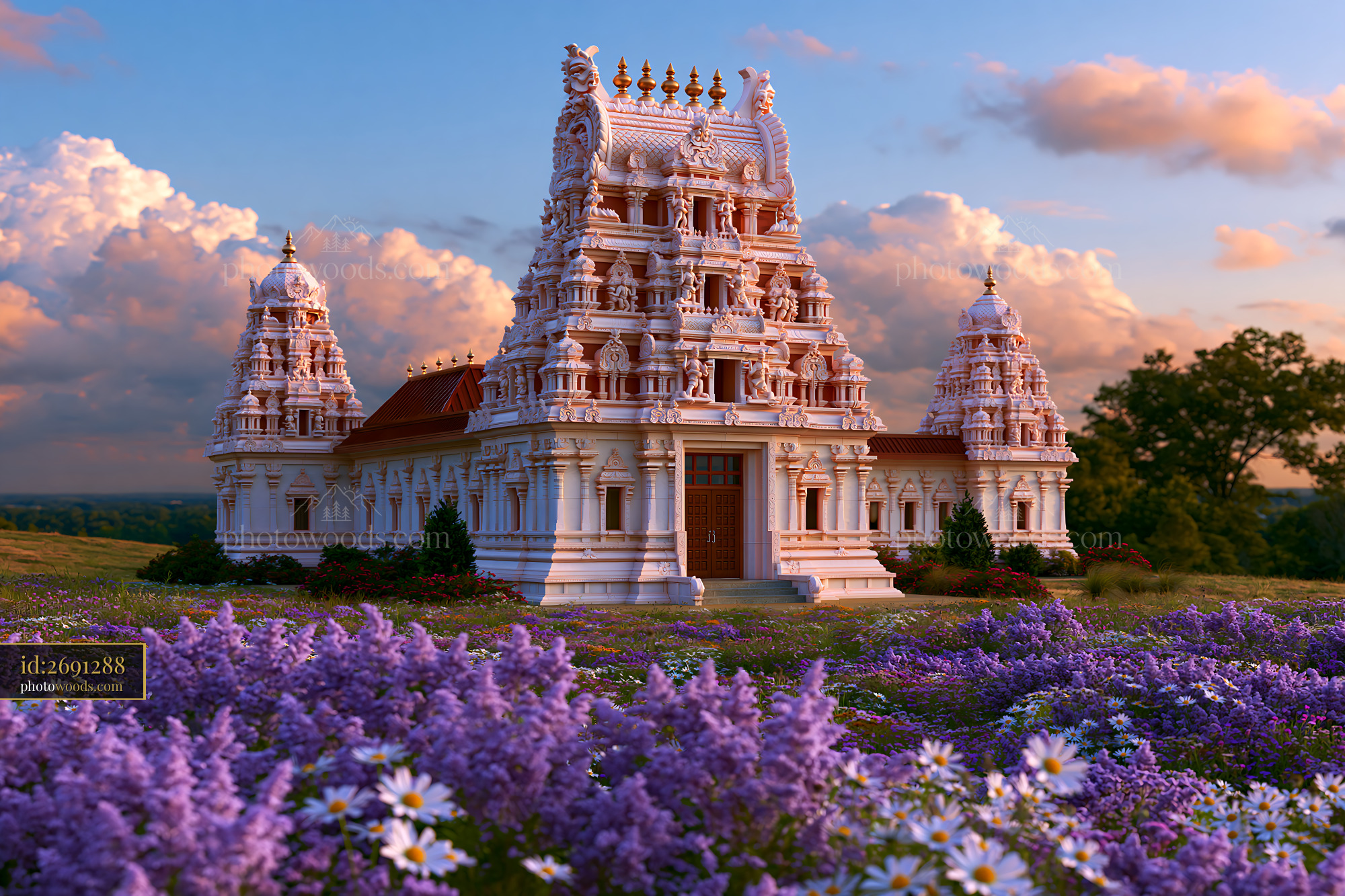 Hindu Temple With Purple Flowers at Sunset in a Field