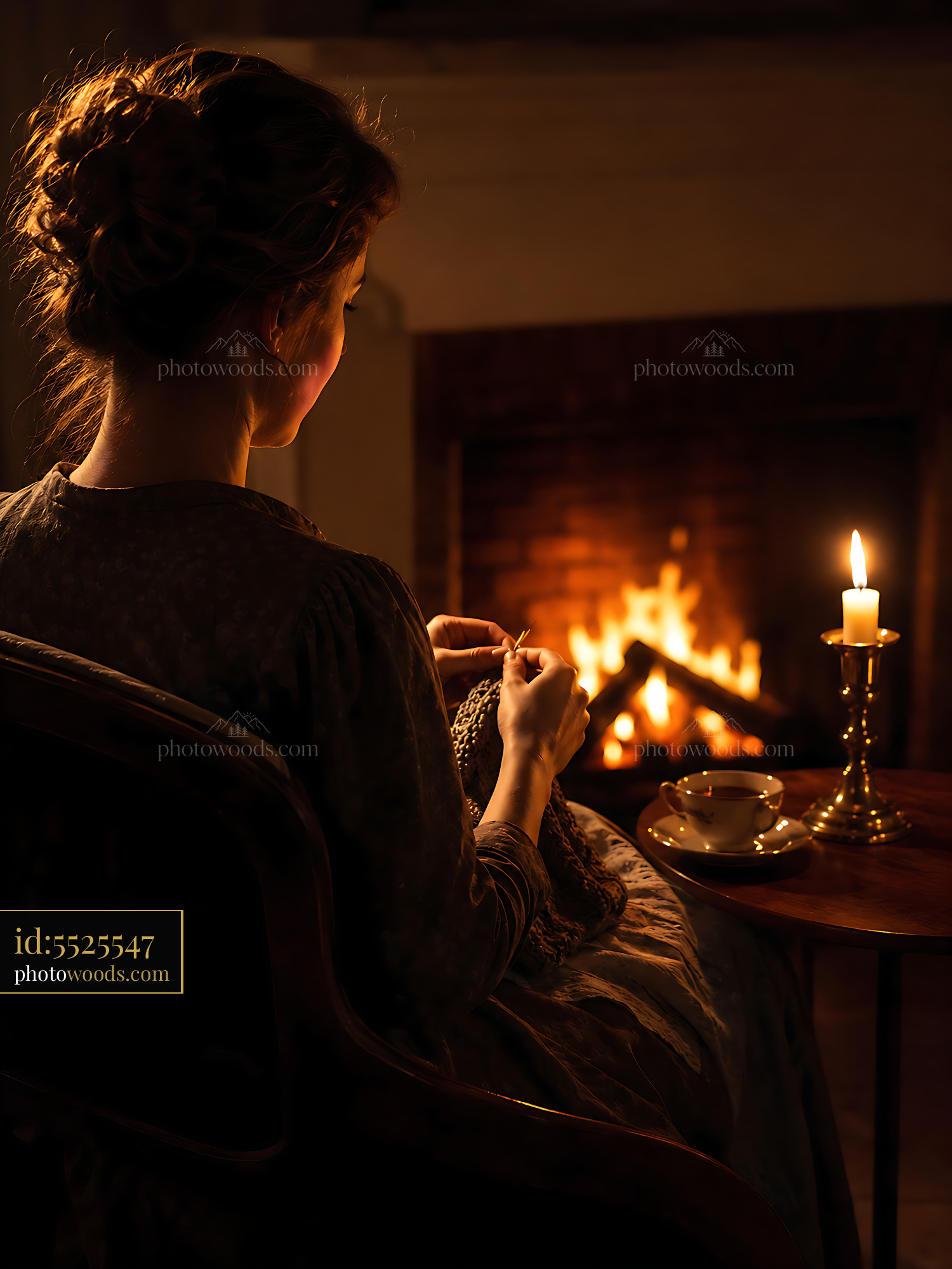 Woman Knitting by Candlelight Near Fireplace With Warm Ambiance