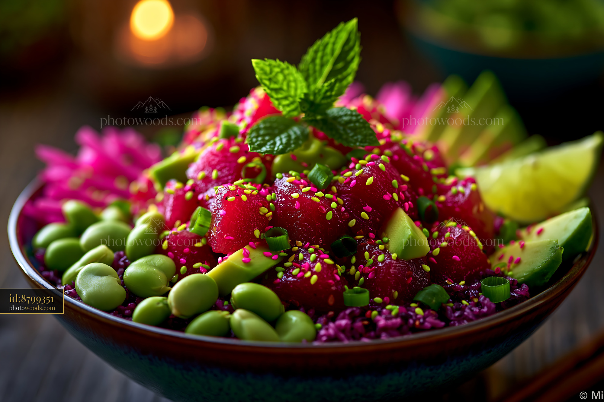 Colorful Poke Bowl Featuring Tuna, Avocado, and Edamame