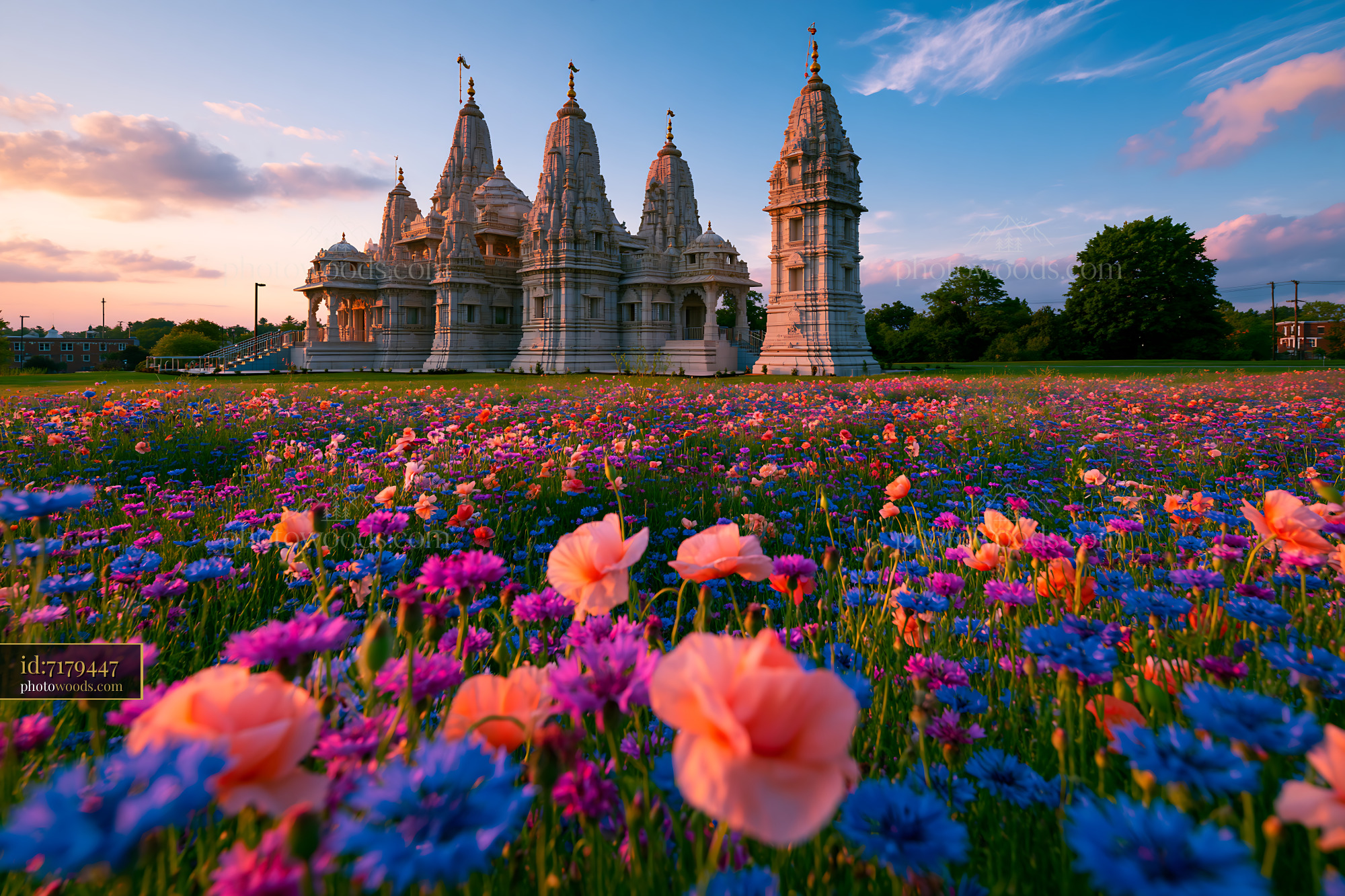 BAPS Temple With Flowers in Bloom During Golden Hour