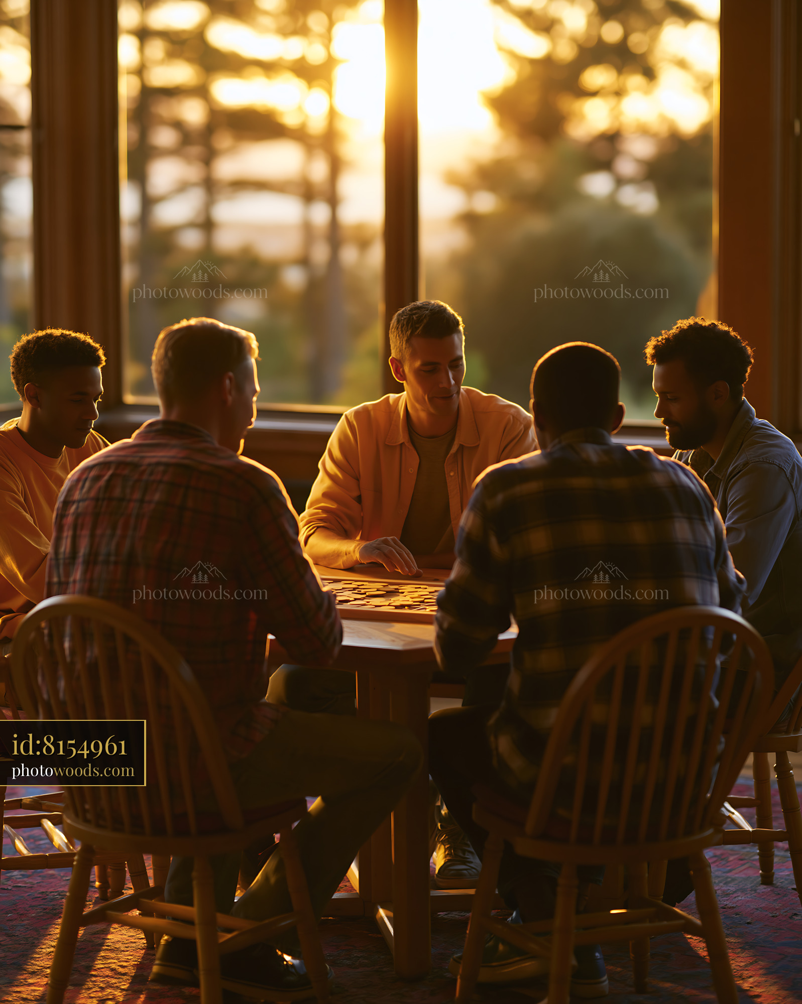 Men Support Group in a Circle of Chairs During Golden Hour