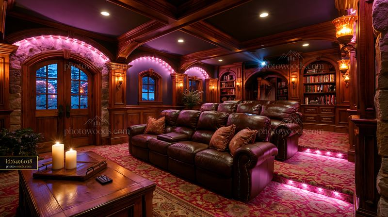 Private Underground Movie Theater With Tiered Seating in Cozy Setting