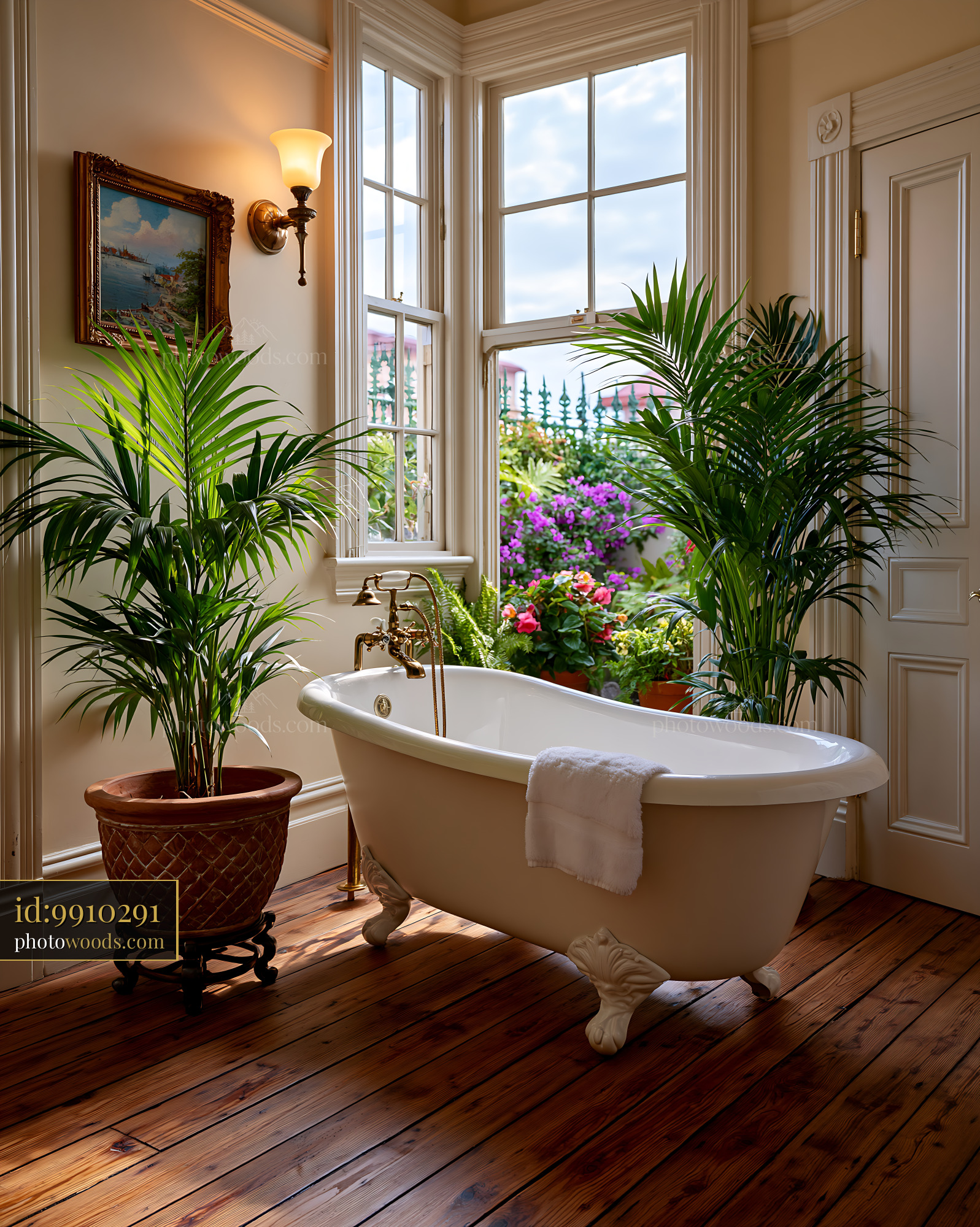 Classic Luxury Bathroom With Clawfoot Tub and Plants in Sunlight