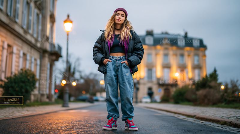 Striking Woman in Cropped Puffer Jacket on Street at Dusk