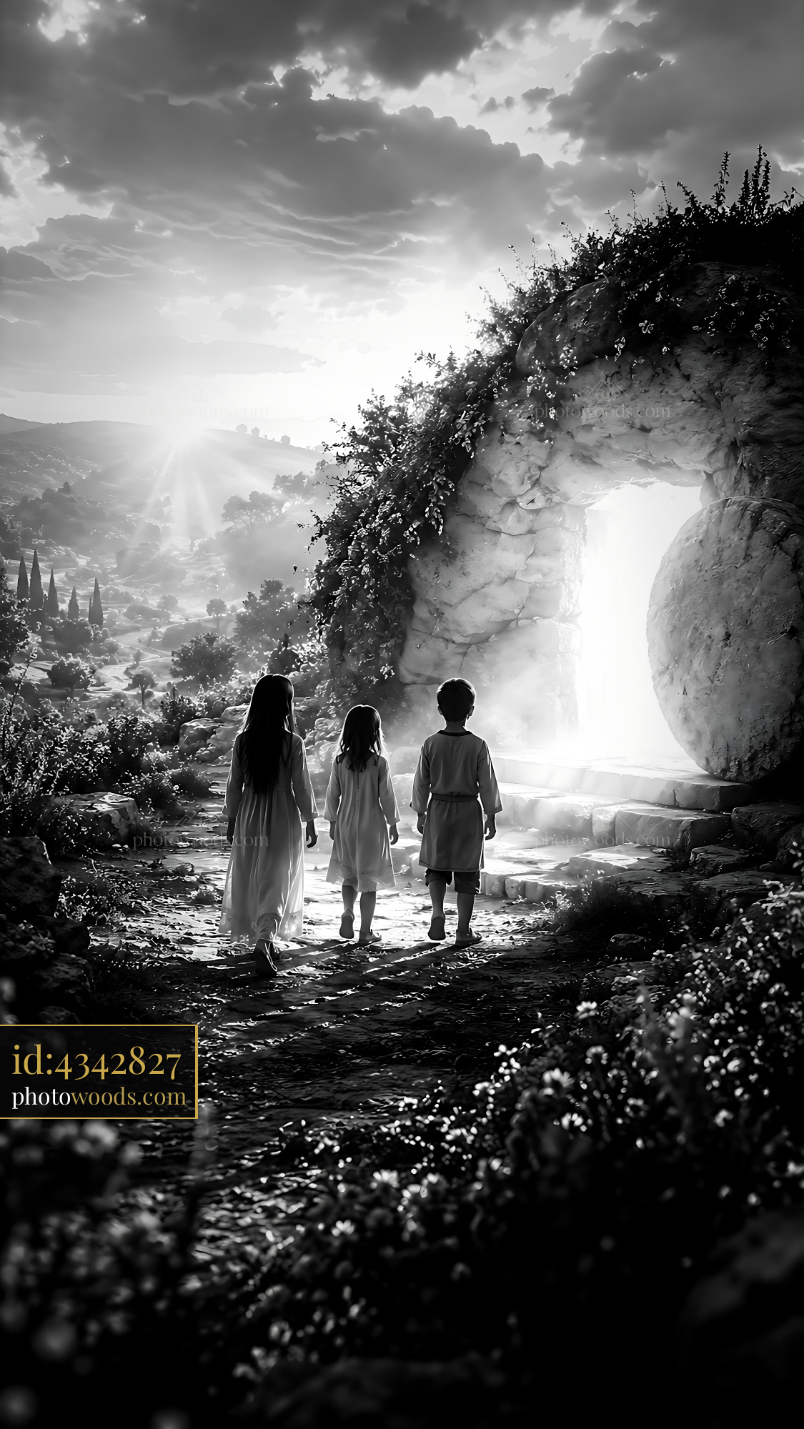 Children Walk Towards Glowing Entrance in Black and White Setting