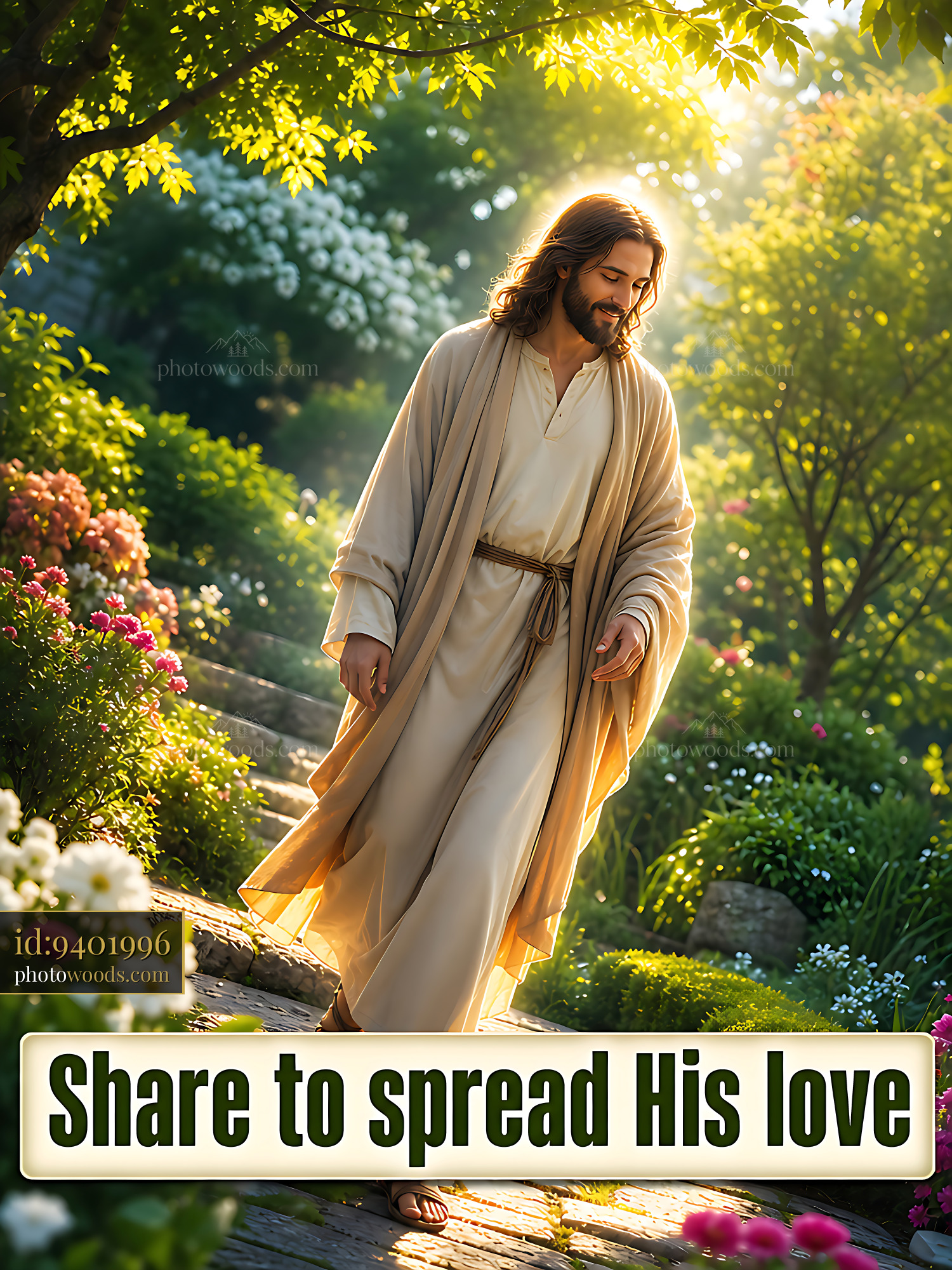 Jesus Walking Through Garden Path Surrounded by Flowers and Trees