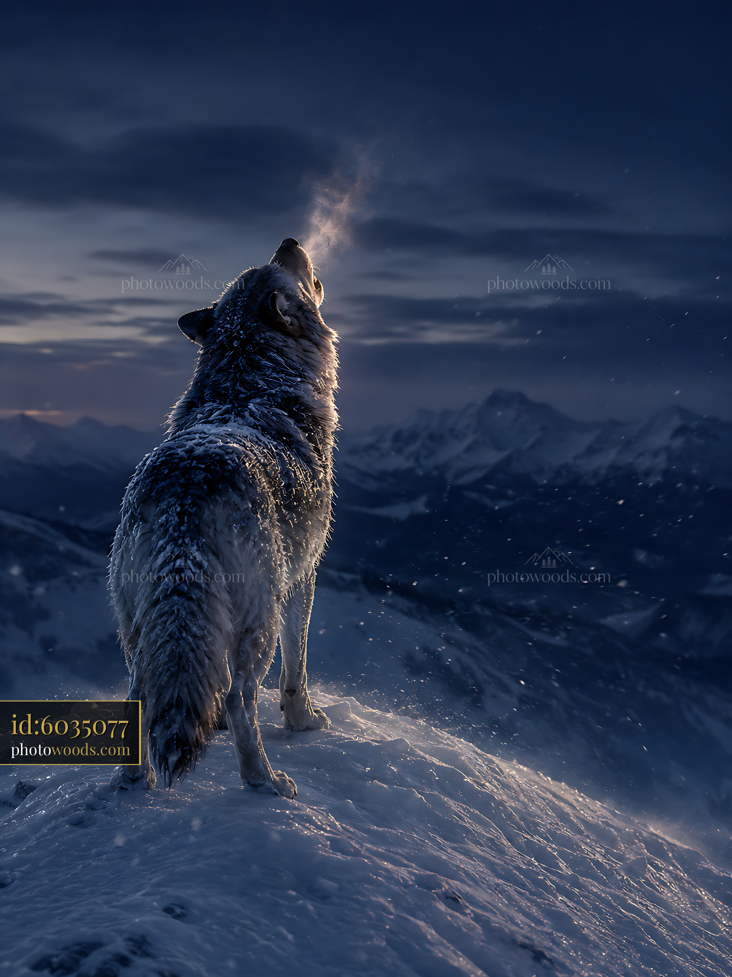 Wolf Howls on Snowy Mountain During Twilight Sky