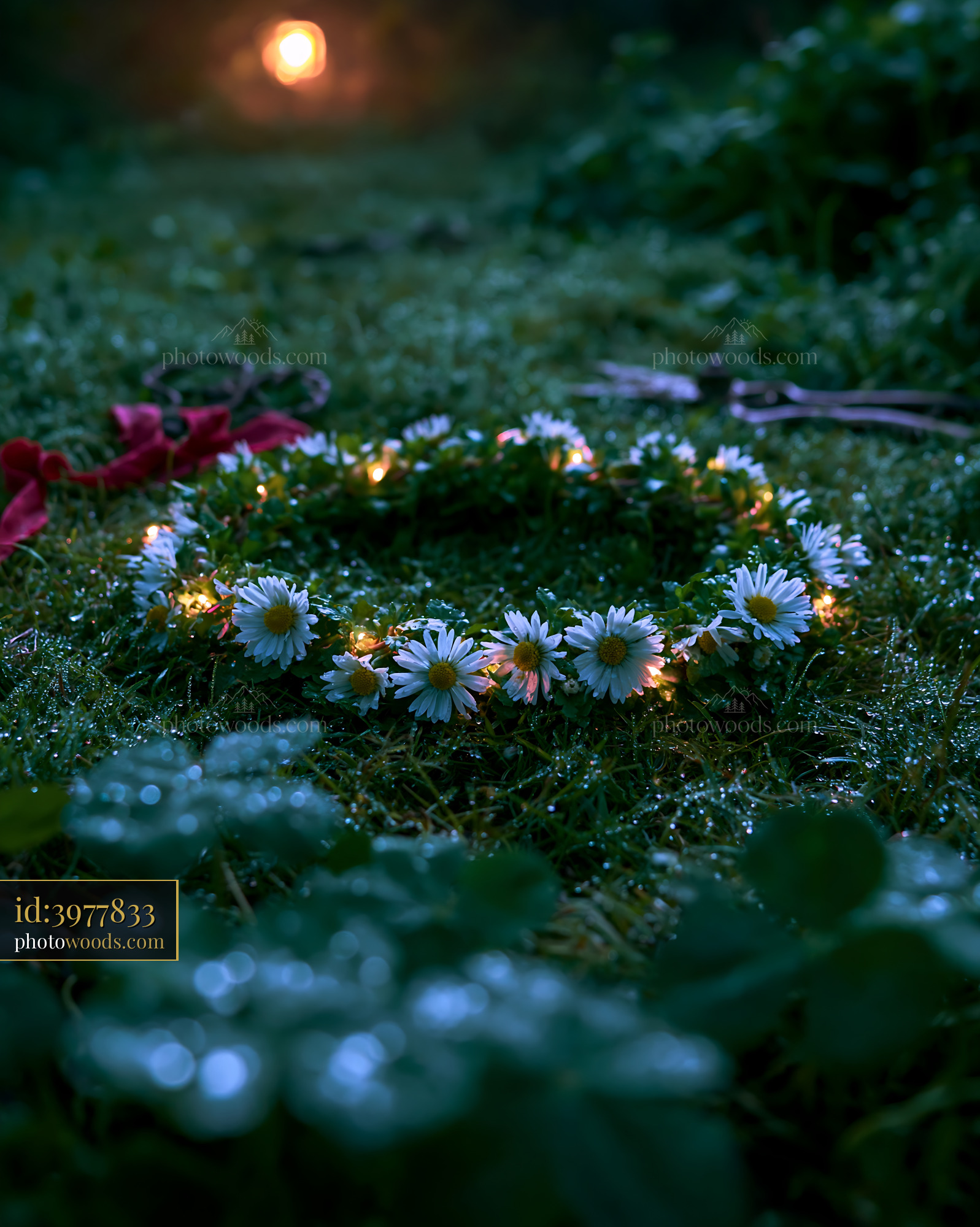 Daisy Chain With Lights on the Ground at Dusk