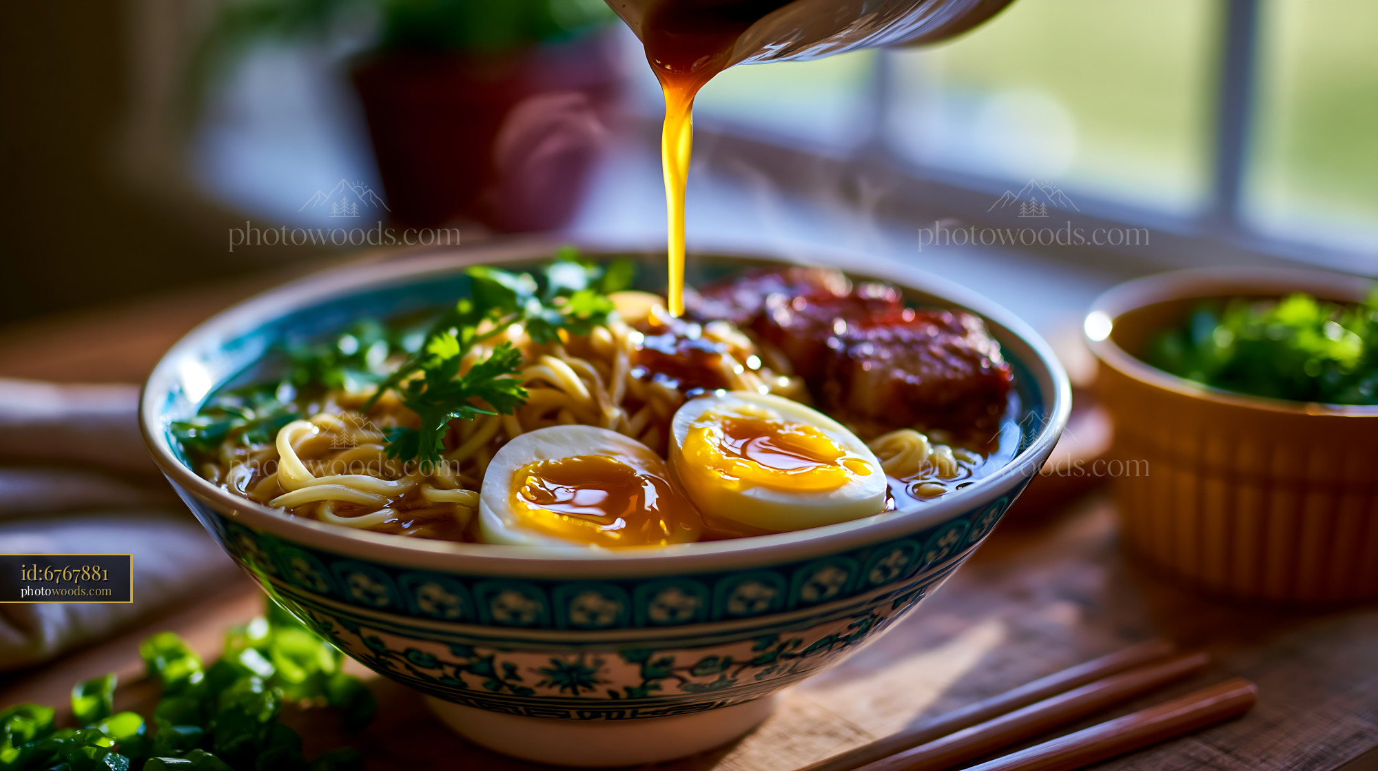 Ramen Bowl With Soft Egg and Chashu on Wooden Table