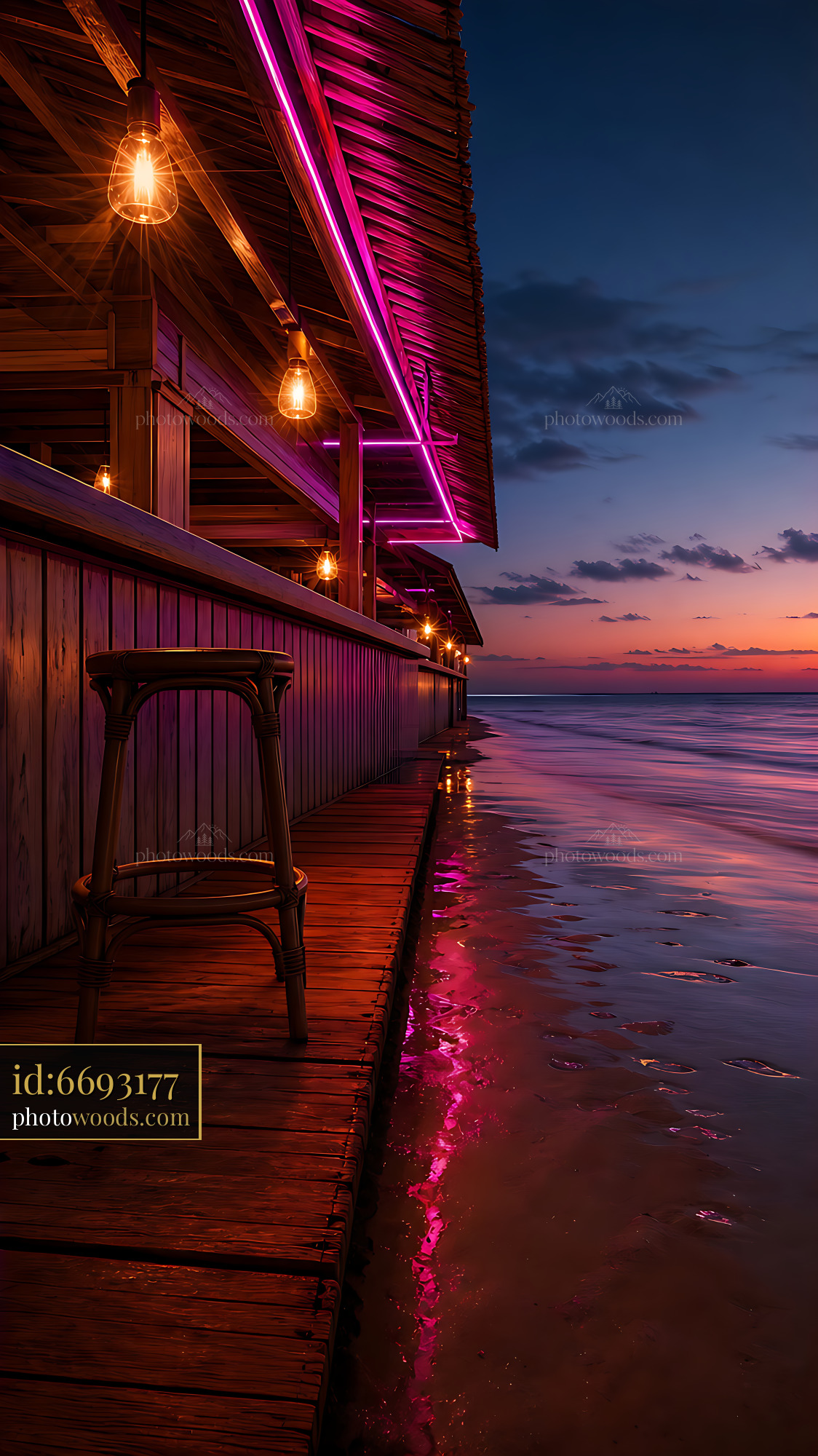 Beachside Bar With Glowing Lights Beside Calm Water at Sunset