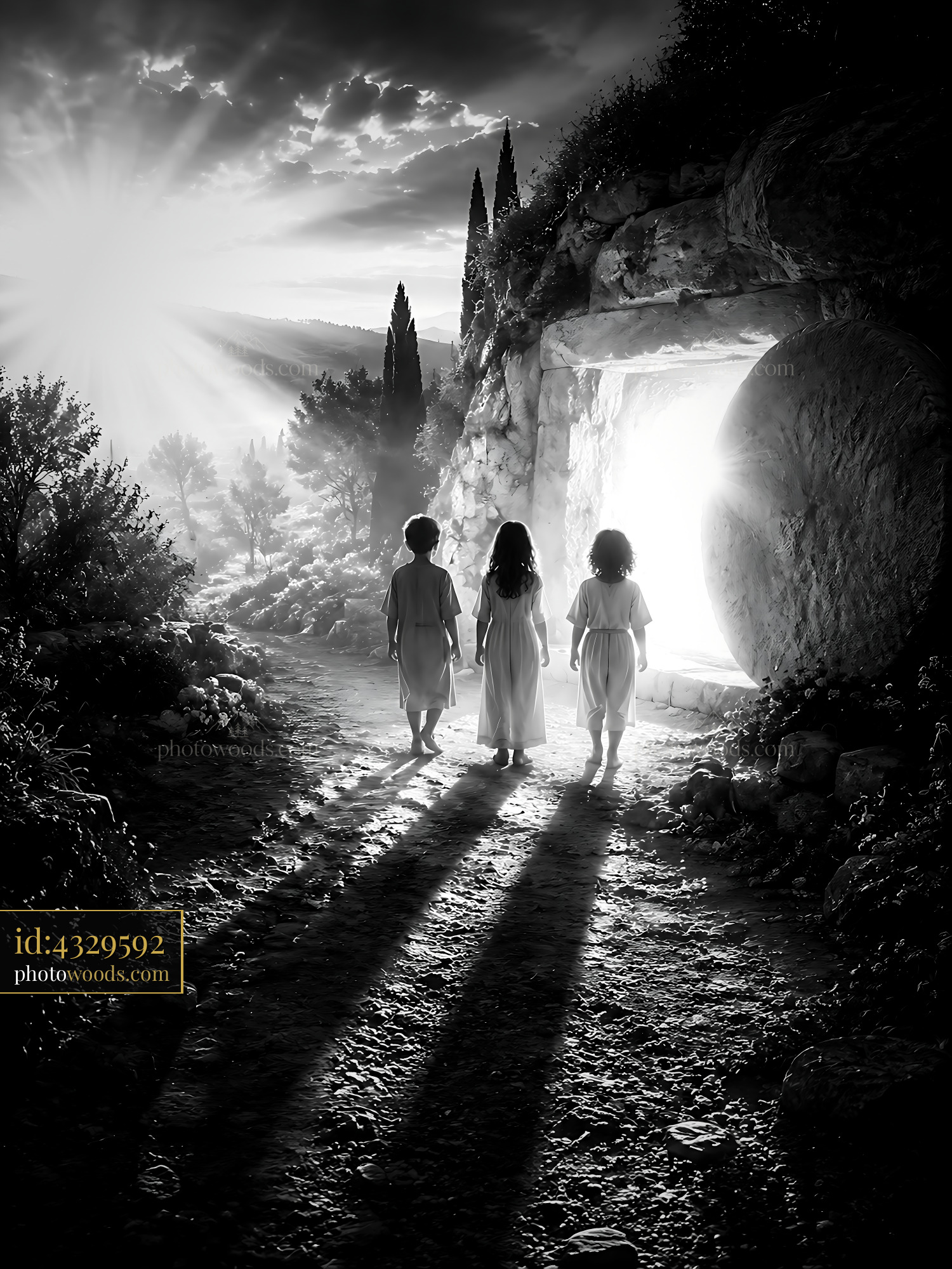Children Walking Toward Bright Doorway Under Dramatic Sky