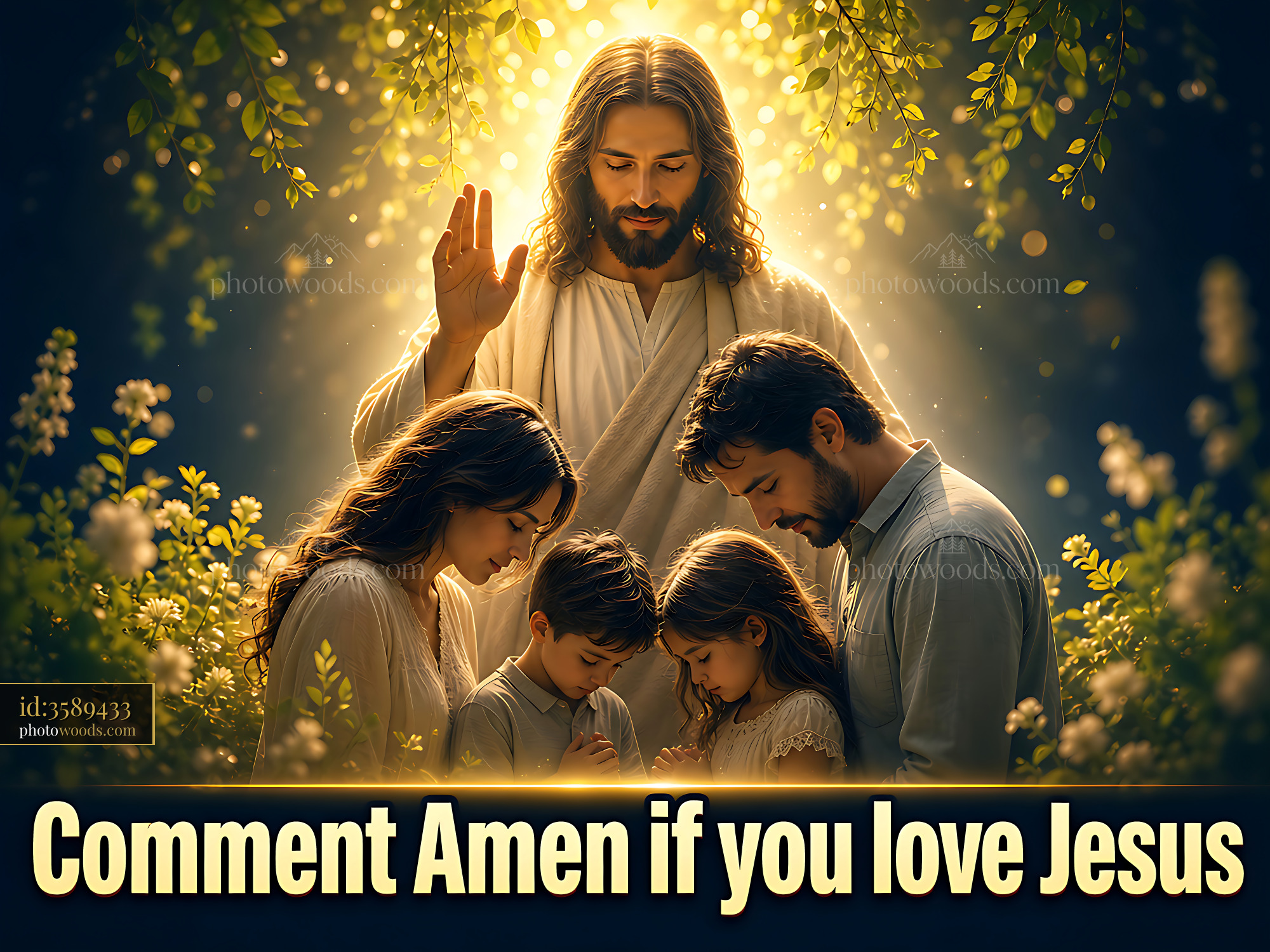 Jesus Stands Among a Family Praying in a Bright Setting