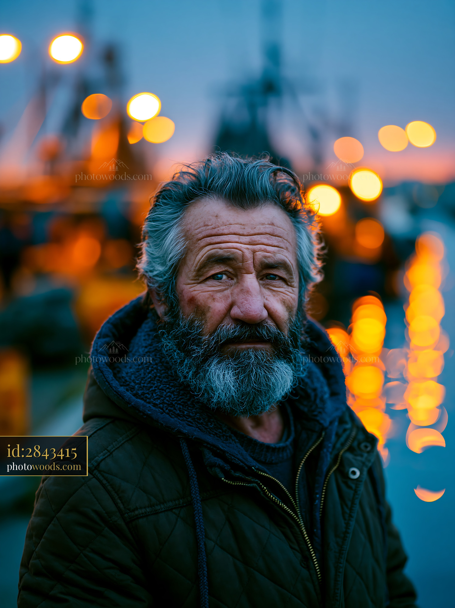 Older Man Stands Near Boats at Sunset With Lights in Background