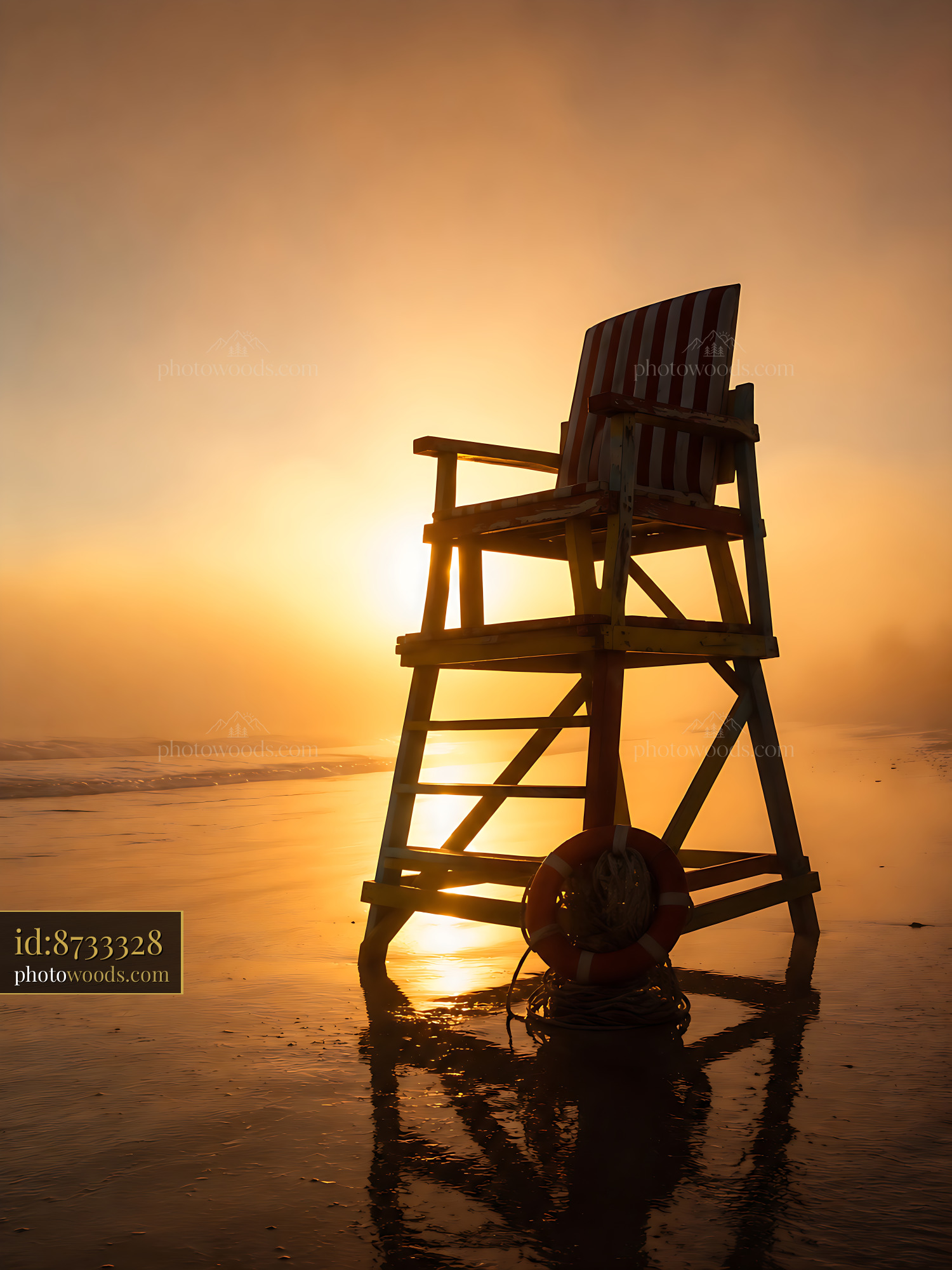 Lifeguard Chair Stands on Beach at Sunset With Life Ring