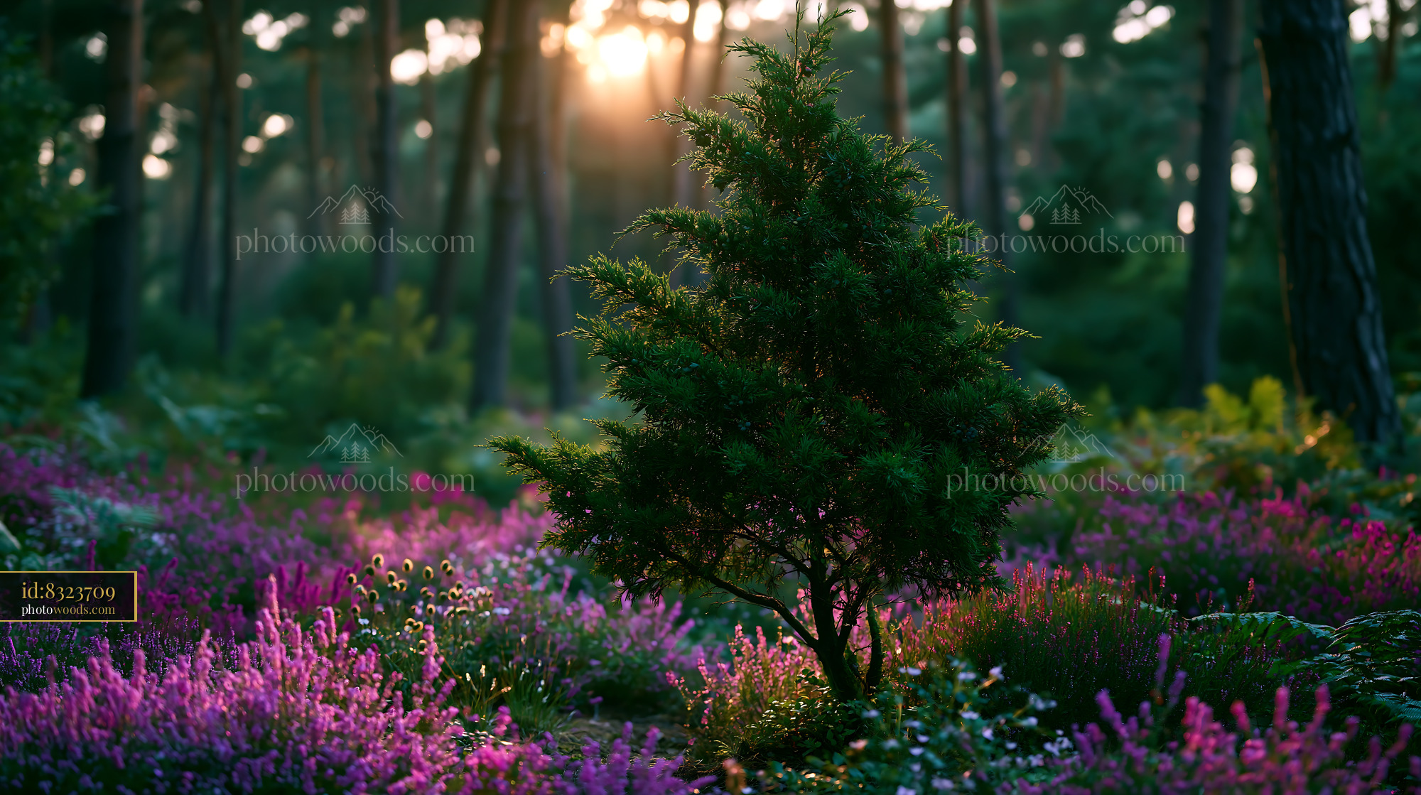 Juniper Tree in a Blooming Forest During Golden Hour