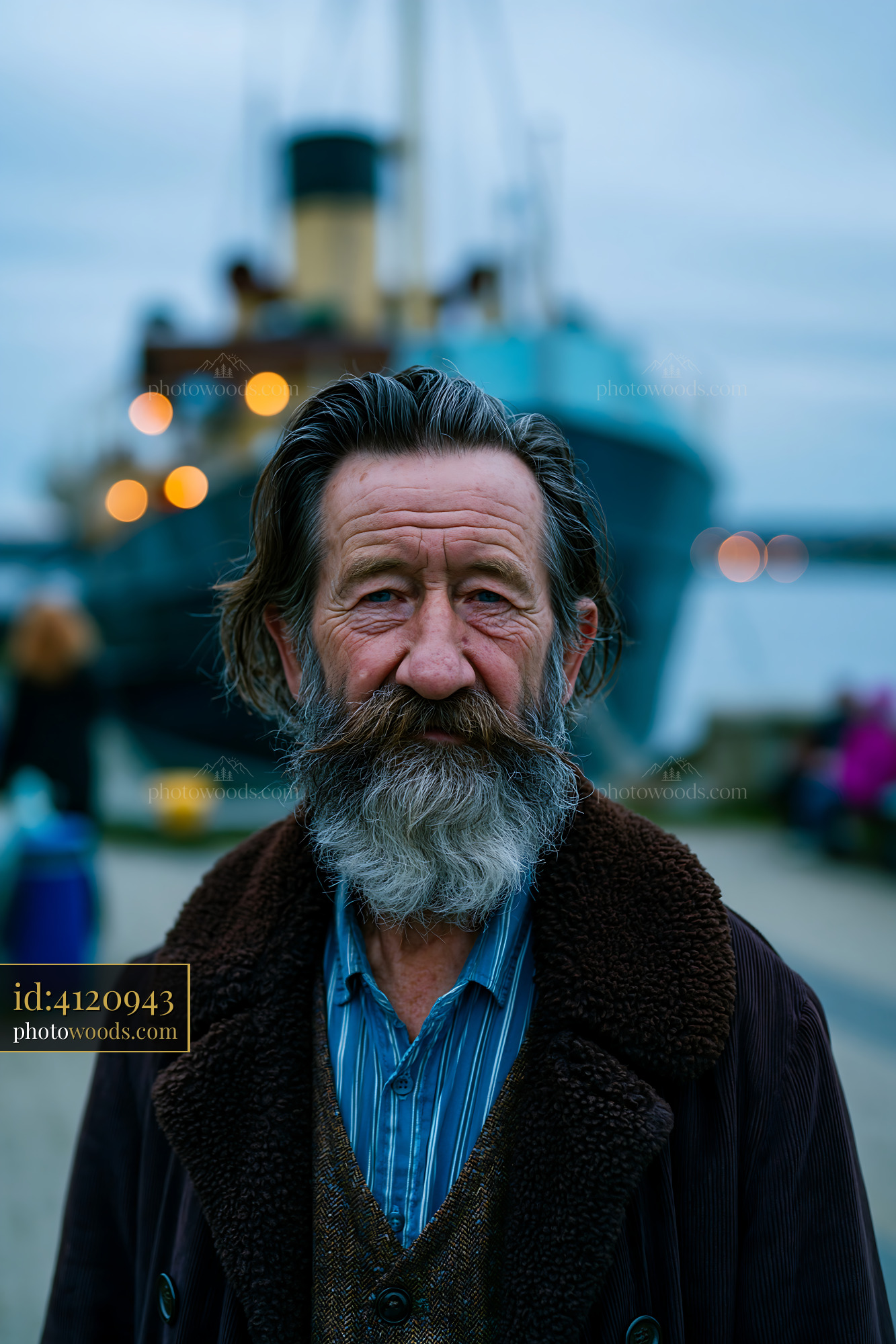 Man With a Beard Stands Near a Ship at Dusk