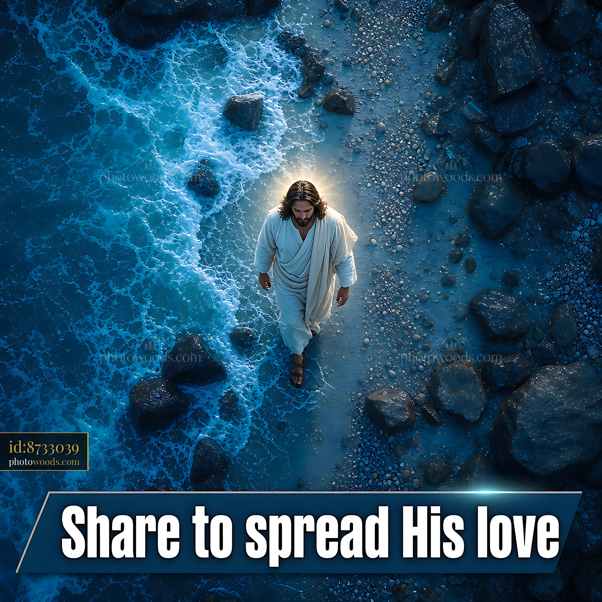 Jesus Walks on Water Beside Rocky Shore With Ocean Waves