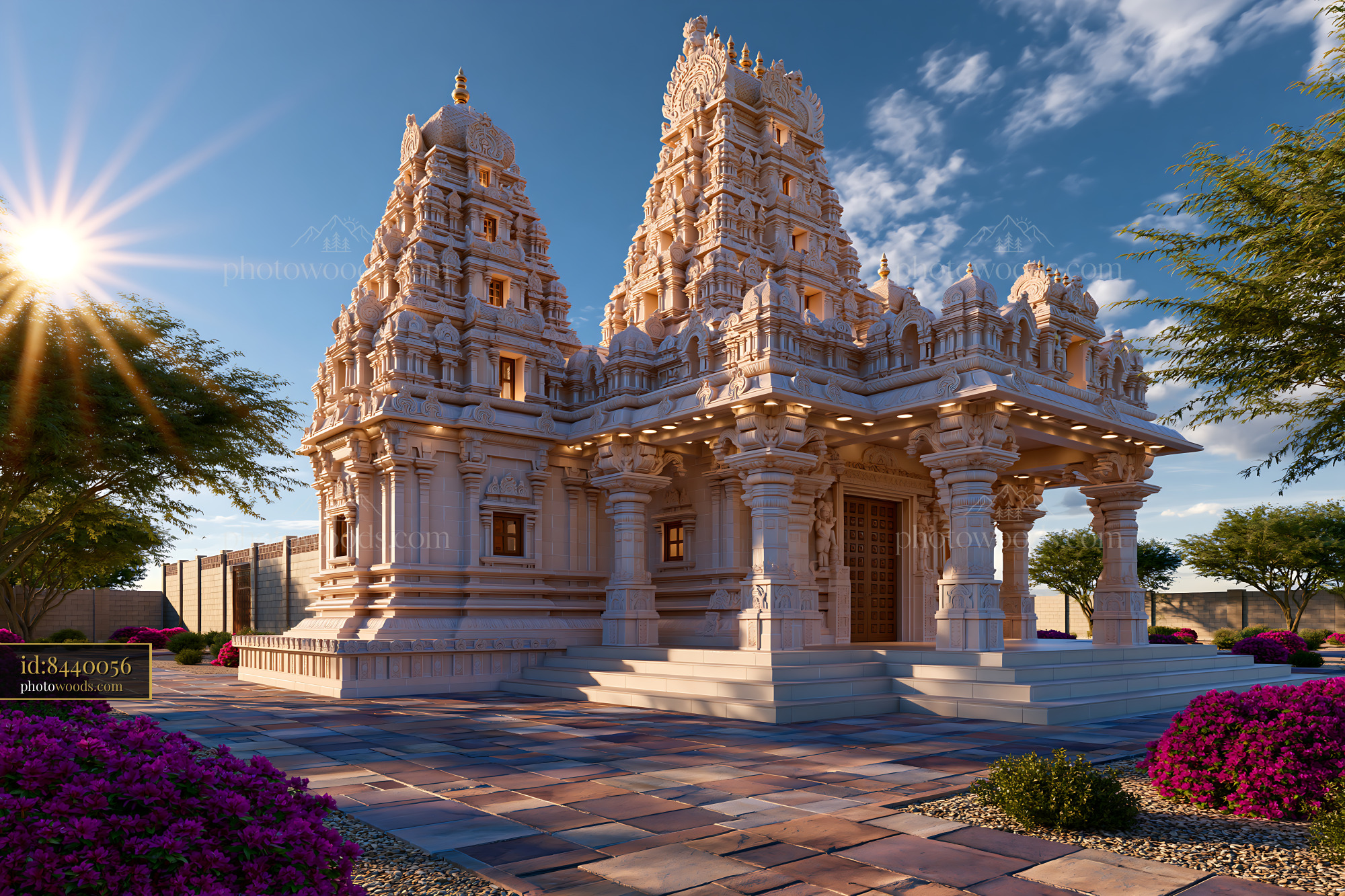 Maha Mandir in Bright Sunlight With Blooming Flowers in Foreground