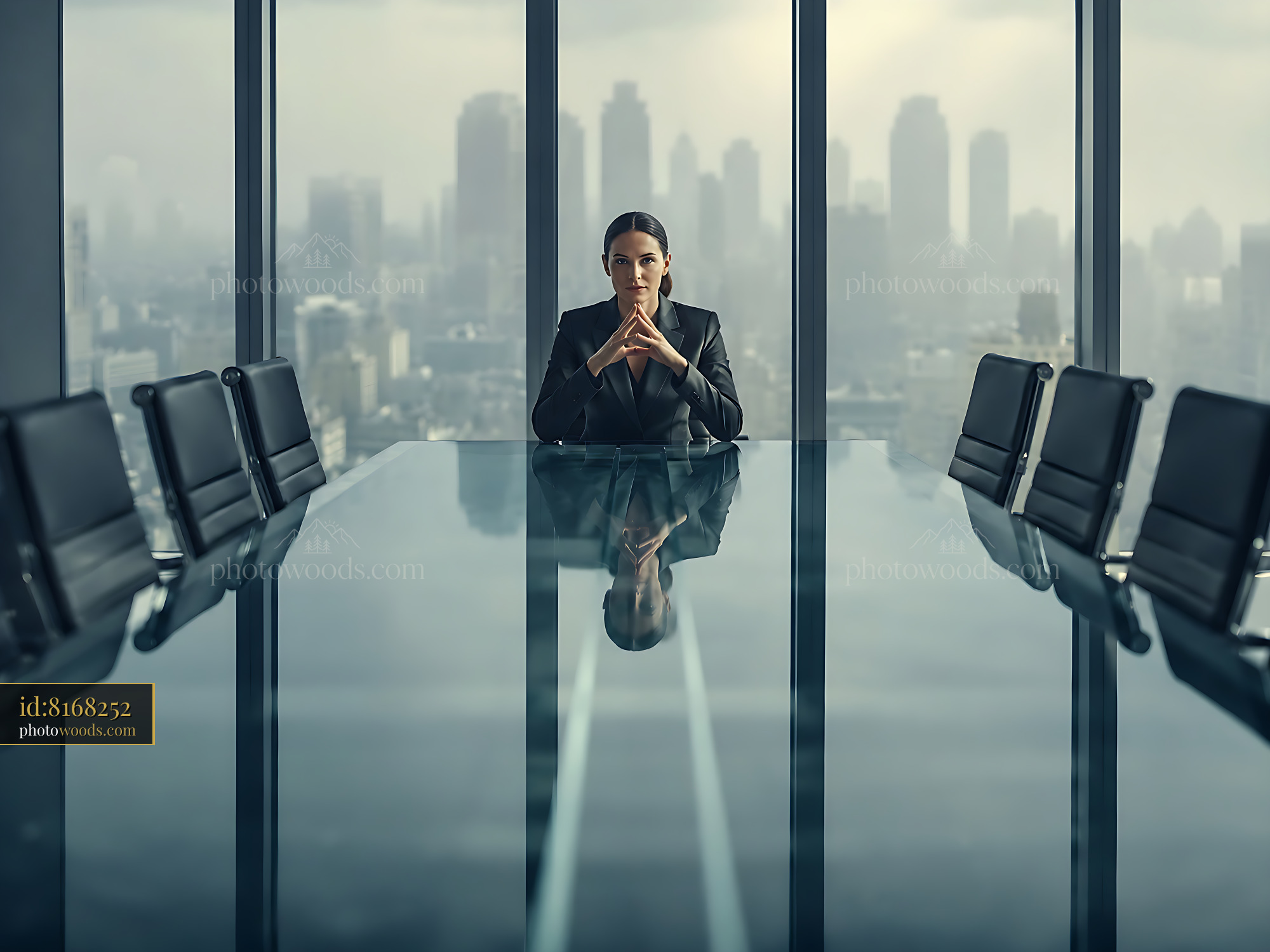 Businesswoman Sits at Boardroom Table With City View Behind