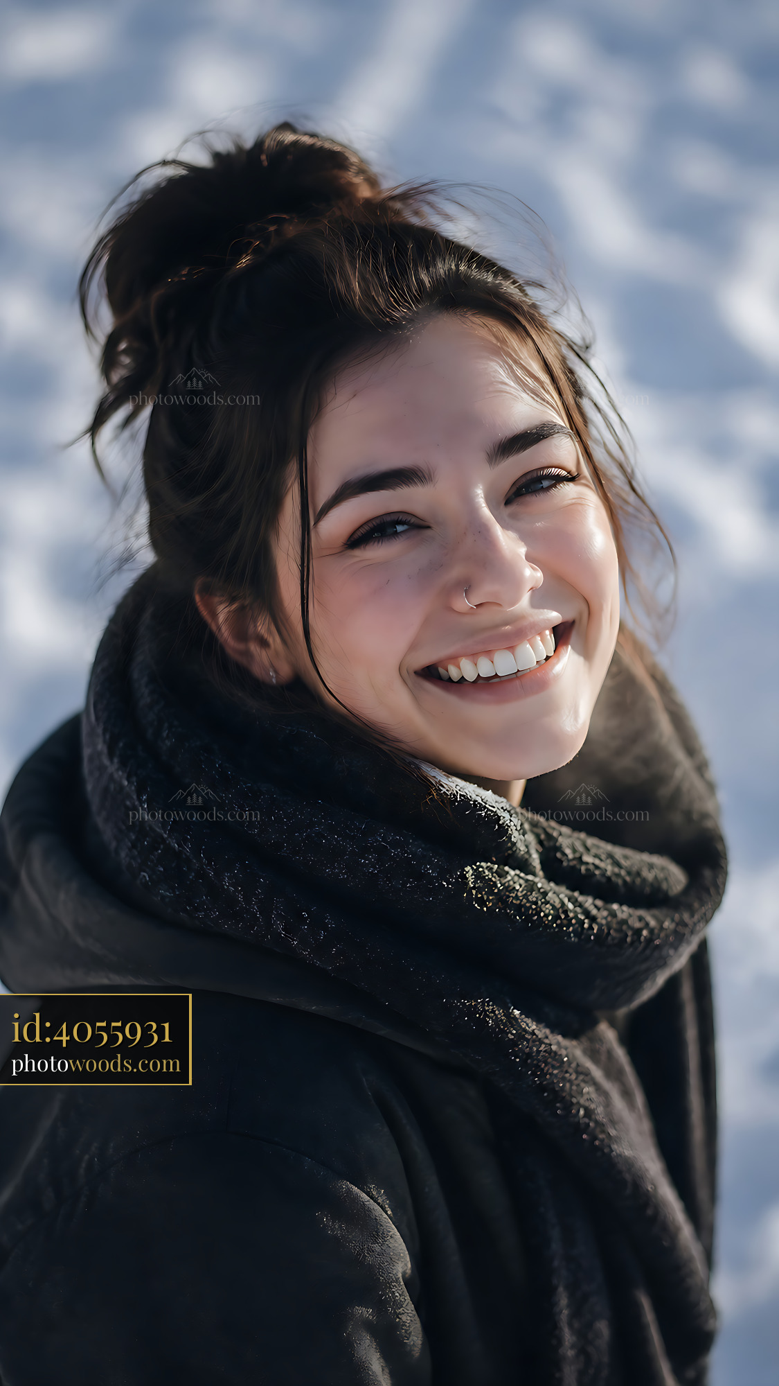 Young Woman Smiling in Winter Setting With Snow and Scarf