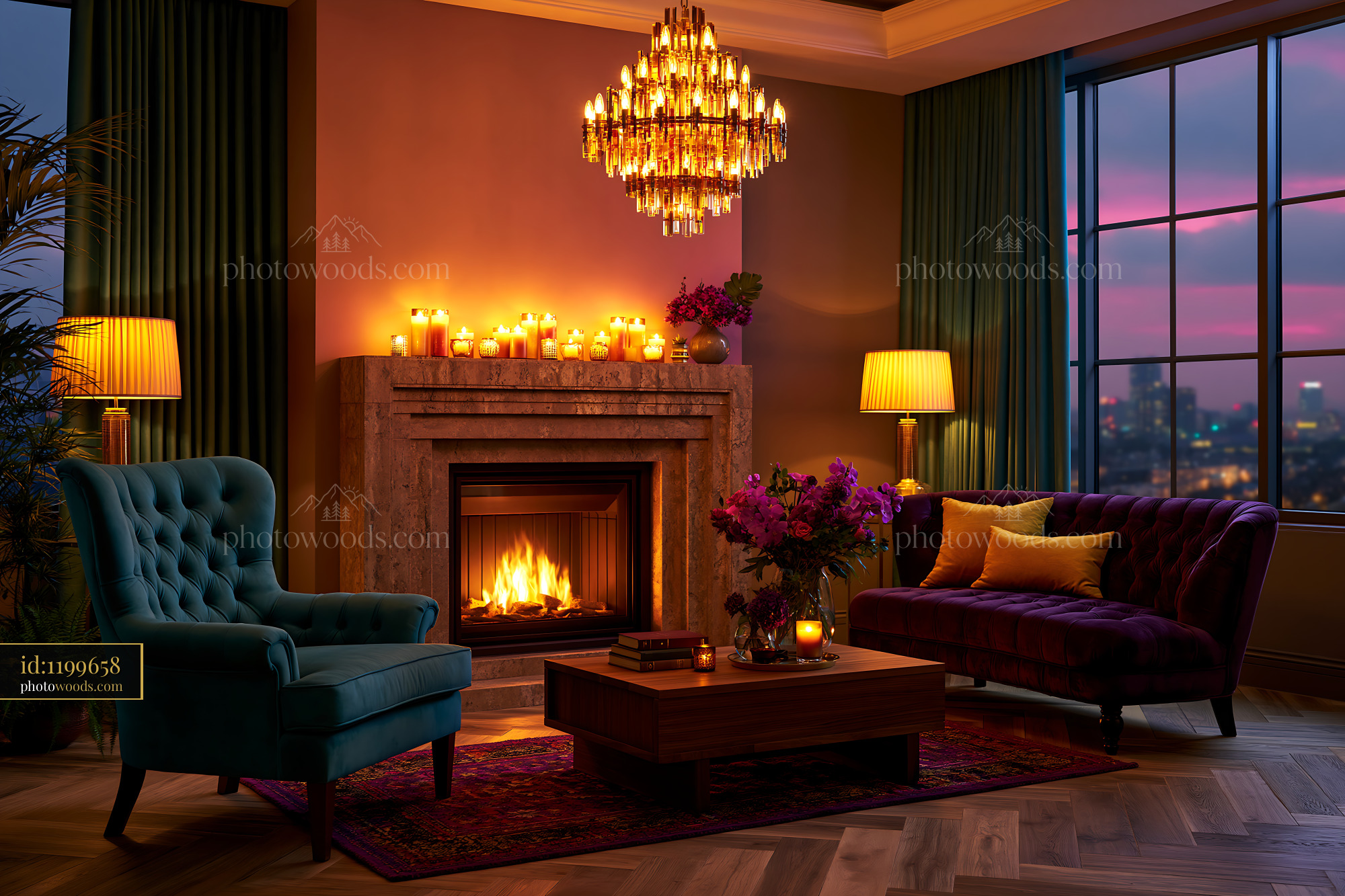 Modern Living Room With Fireplace and Candles at Dusk