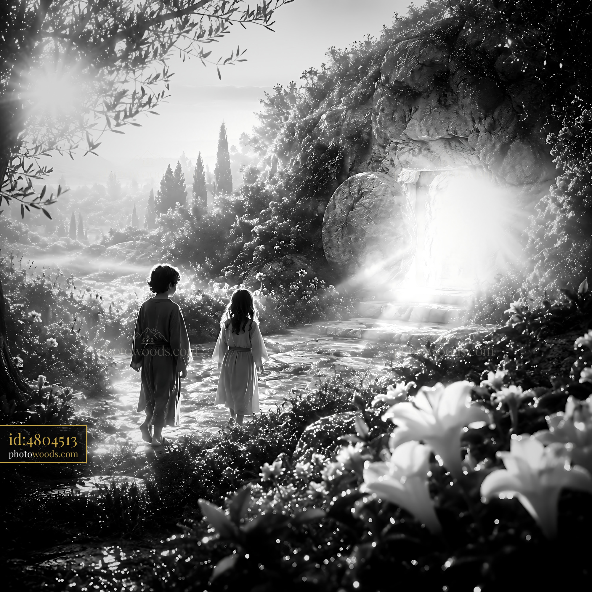 Children Walk Towards Light in Garden With Flowers and Stone