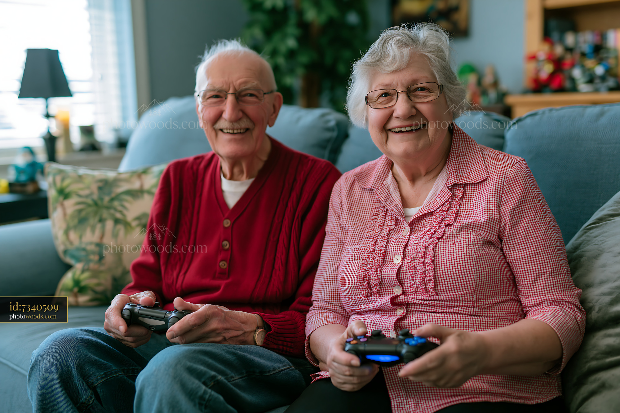 Elderly Couple Enjoying Video Games at Home in a Cozy Setting