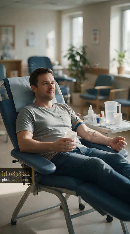 Blood donor reclining in chair during donation