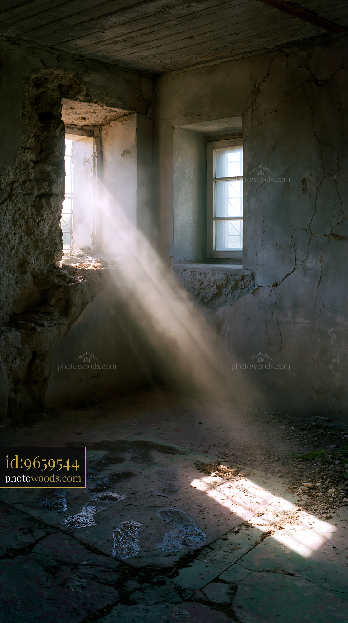 Cracked Concrete Balcony Interior View With Shafts of Light