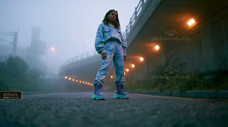 Model With Braided Hair Wearing Acid Wash Outfit in Urban Setting