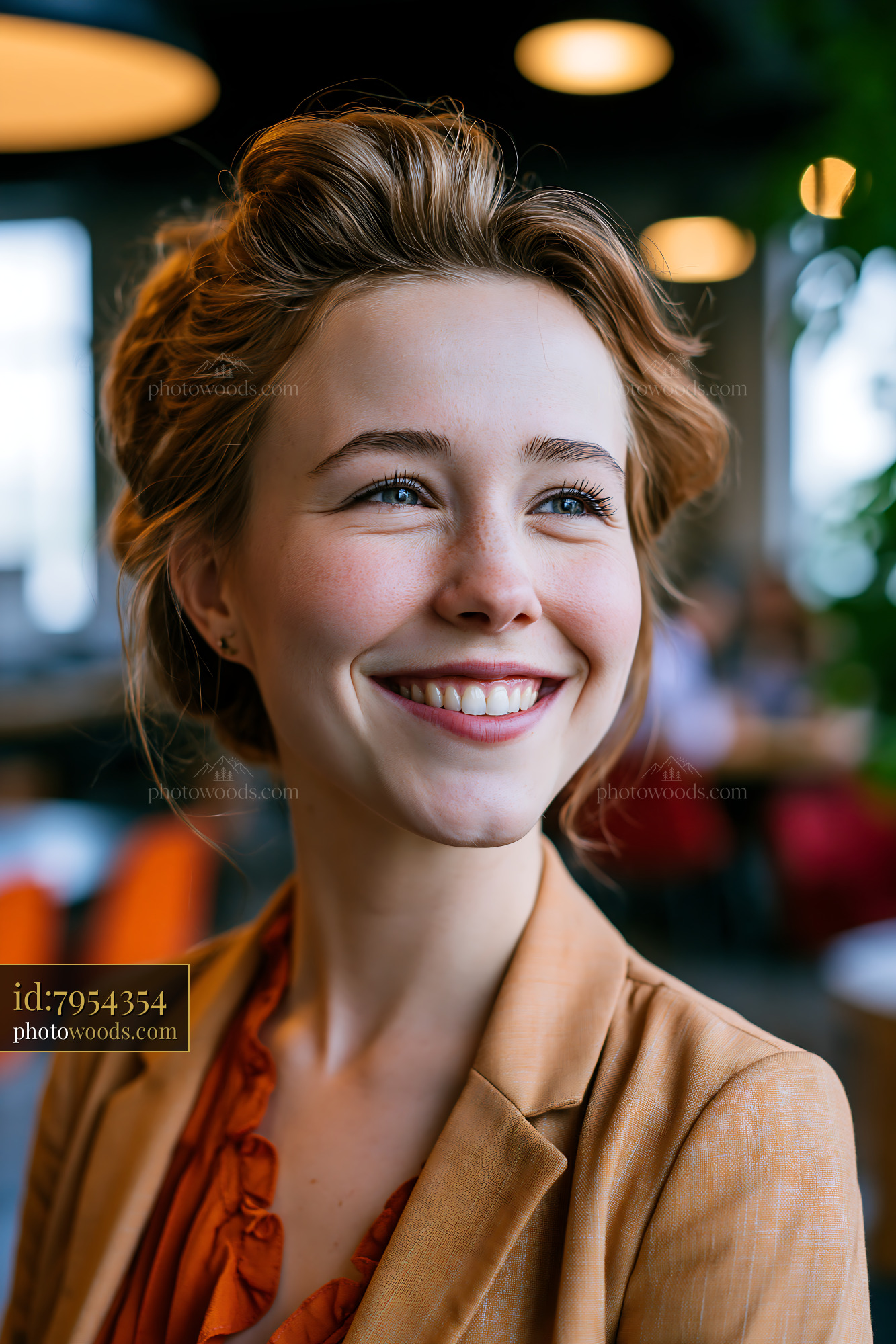 Woman Smiling in Office With Bright Lights and Casual Setting