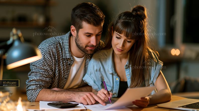 Young Couple Planning Monthly Budget at Home in Evening