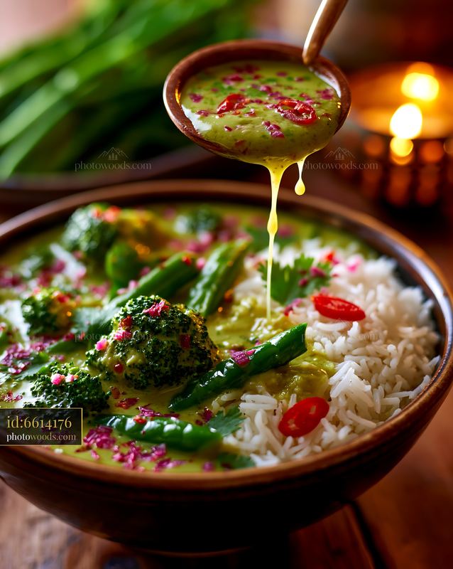 Thai Green Curry With Jasmine Rice and Vegetables in Evening Light