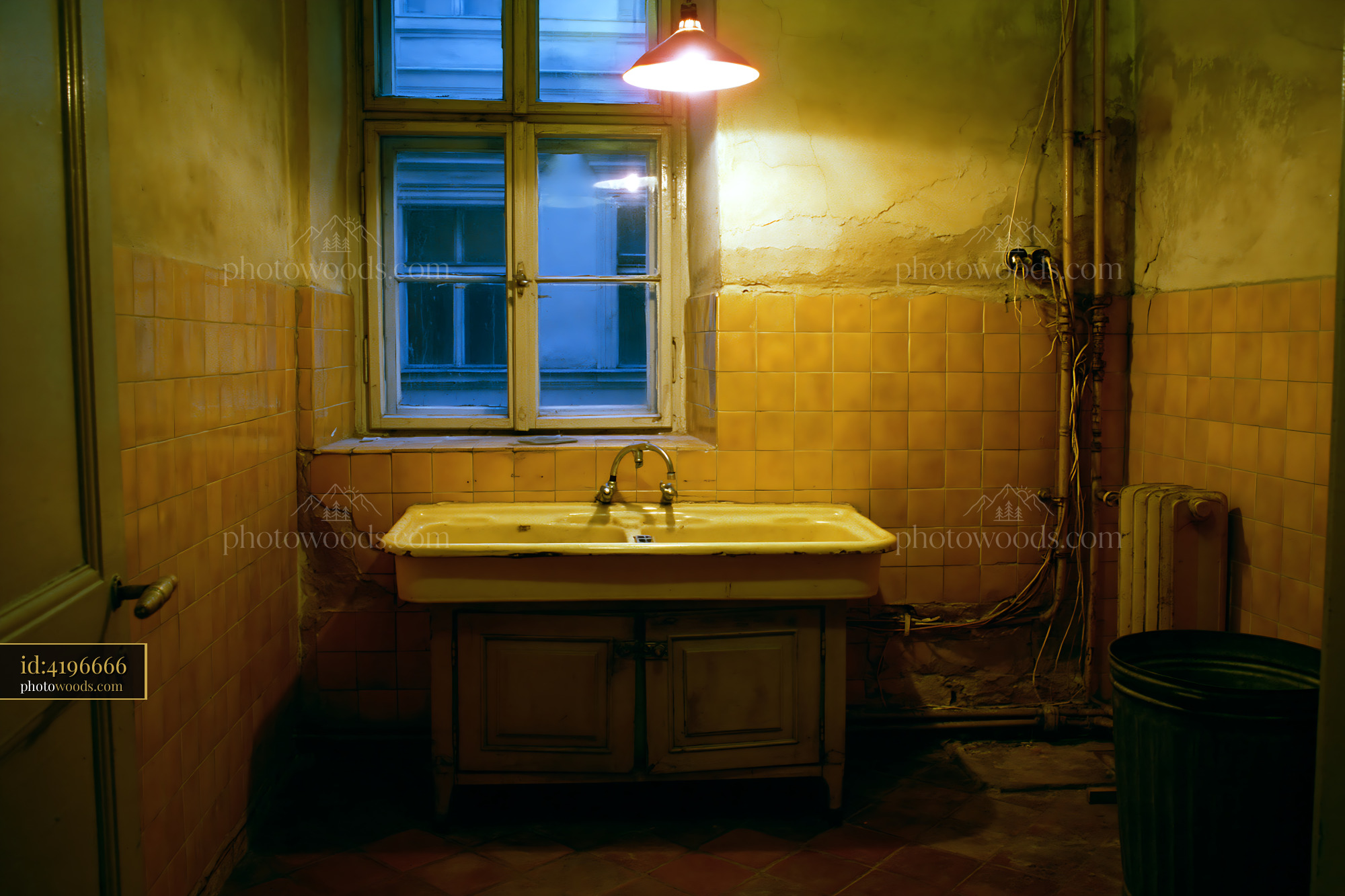 1970s Eastern Bloc Kitchen With Chipped Enamel Sink and Vintage Light