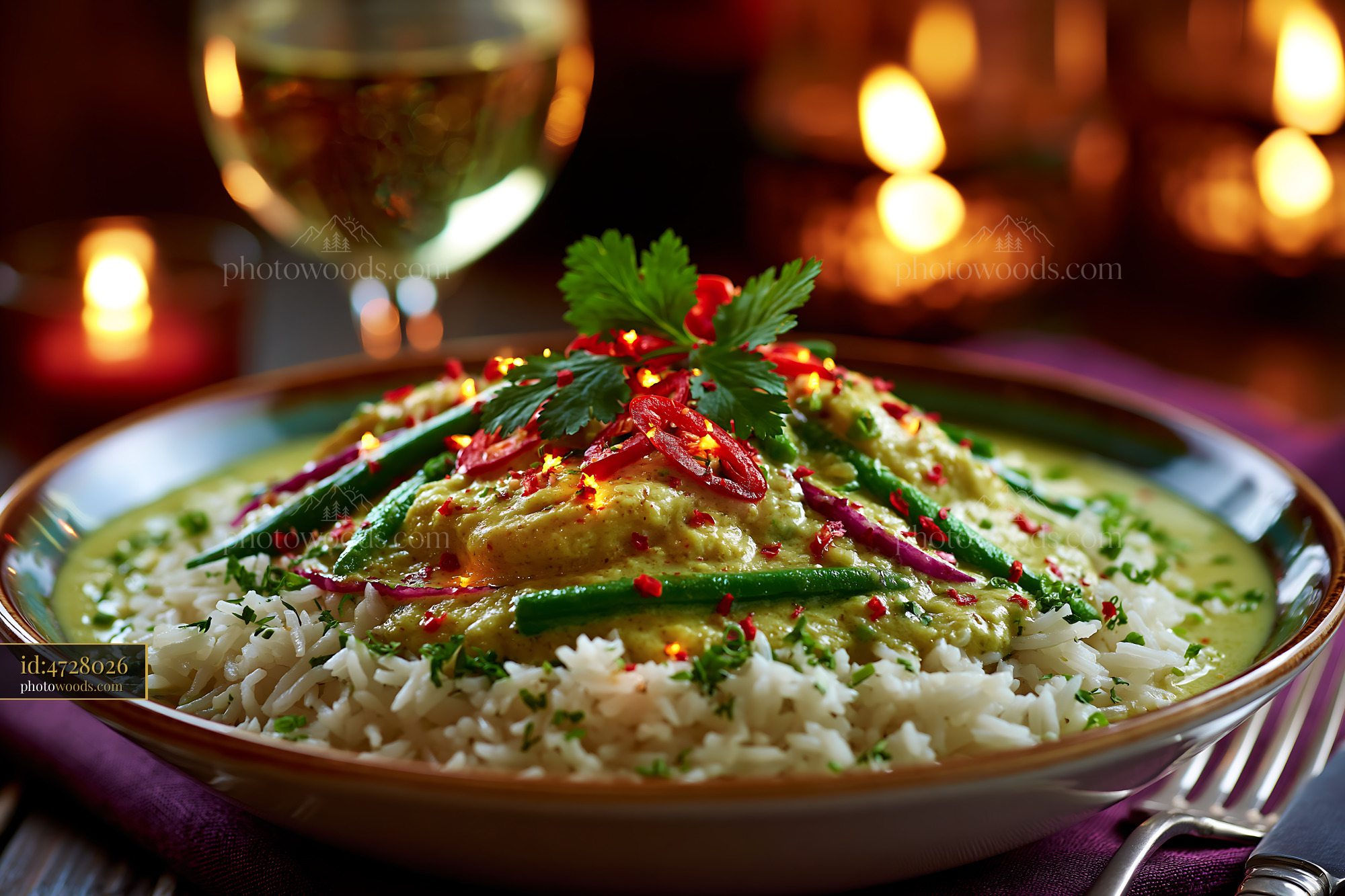 Thai Green Curry With Jasmine Rice Served on a Table