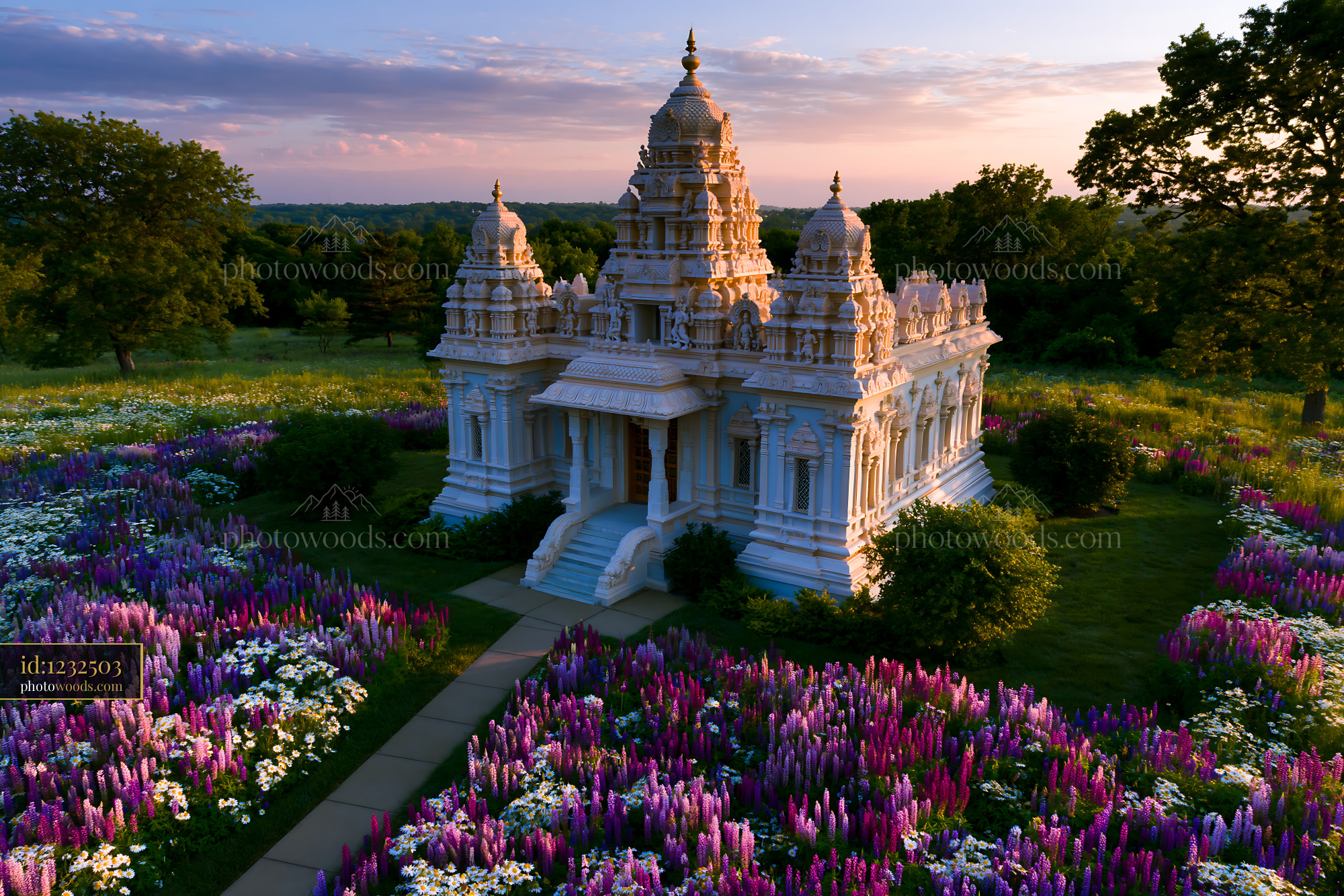 Temple Surrounded by Colorful Flowers in Nature at Sunset