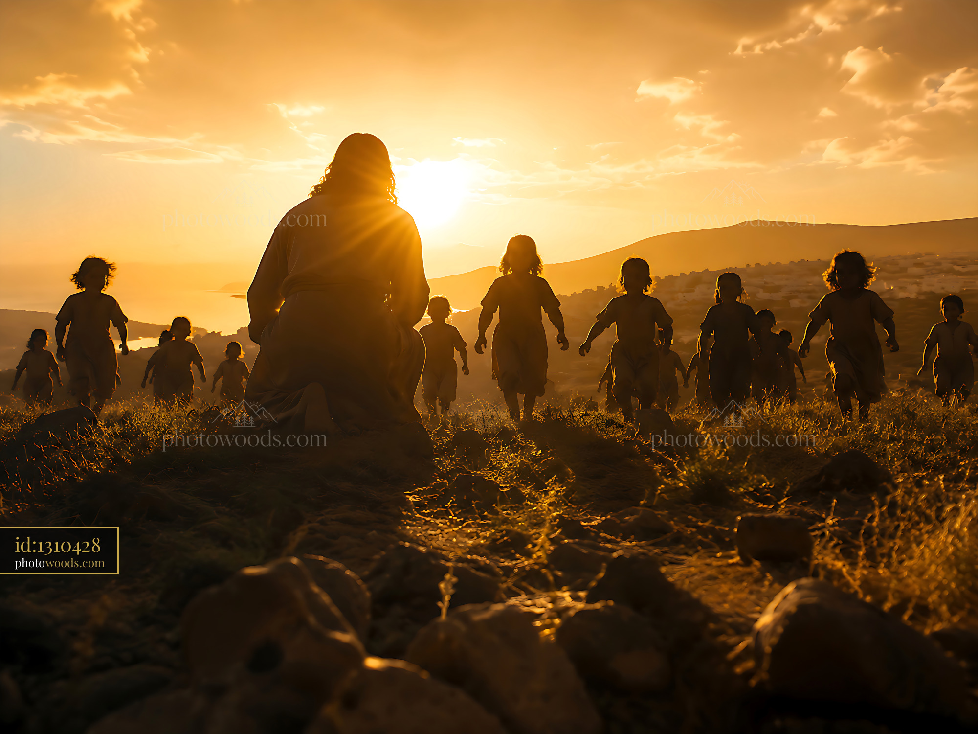 Children Walking Towards Sunset in Open Field With Adult