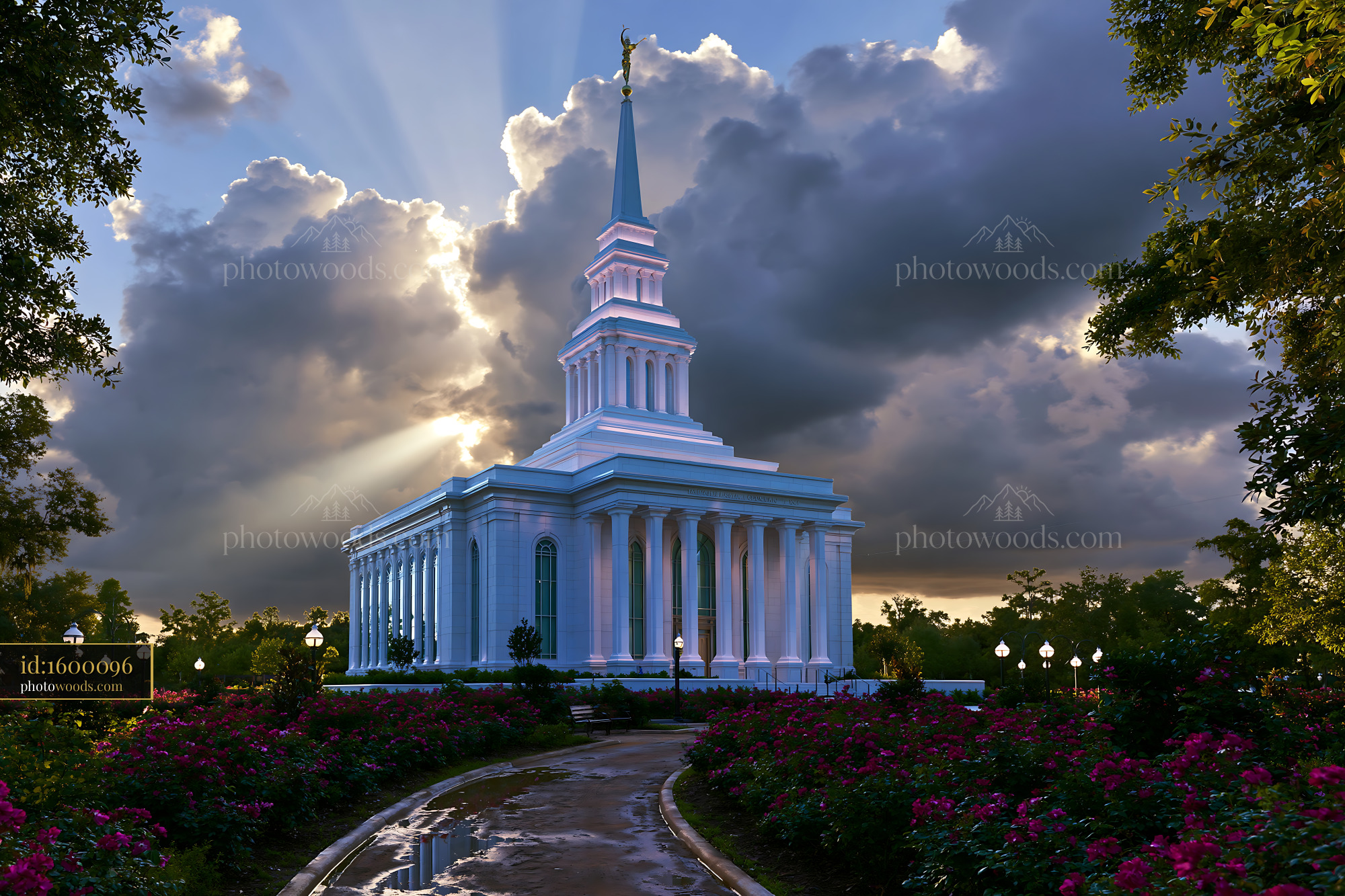 Temple With Spire and Clouds Over the Garden at Sunset