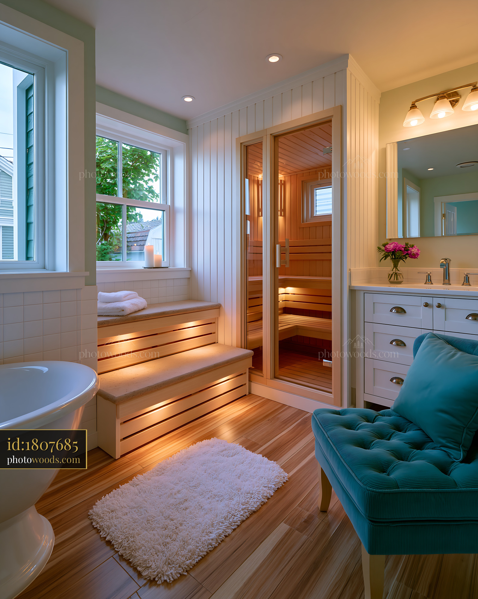 Wellness Bathroom With Sauna and Natural Light in Home Setting