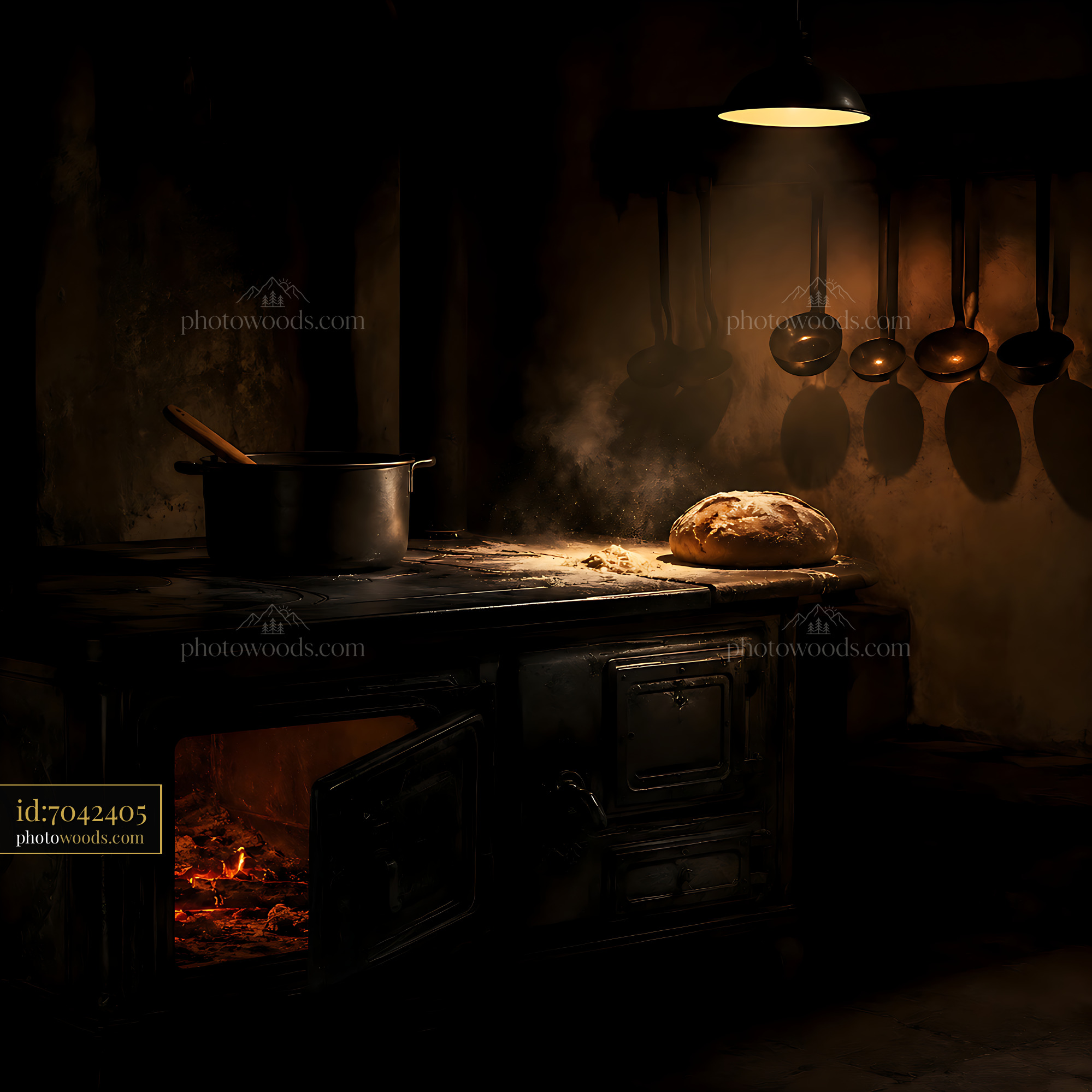 Bread Baking on a Rustic Stove With Warm Light and Smoke Rising